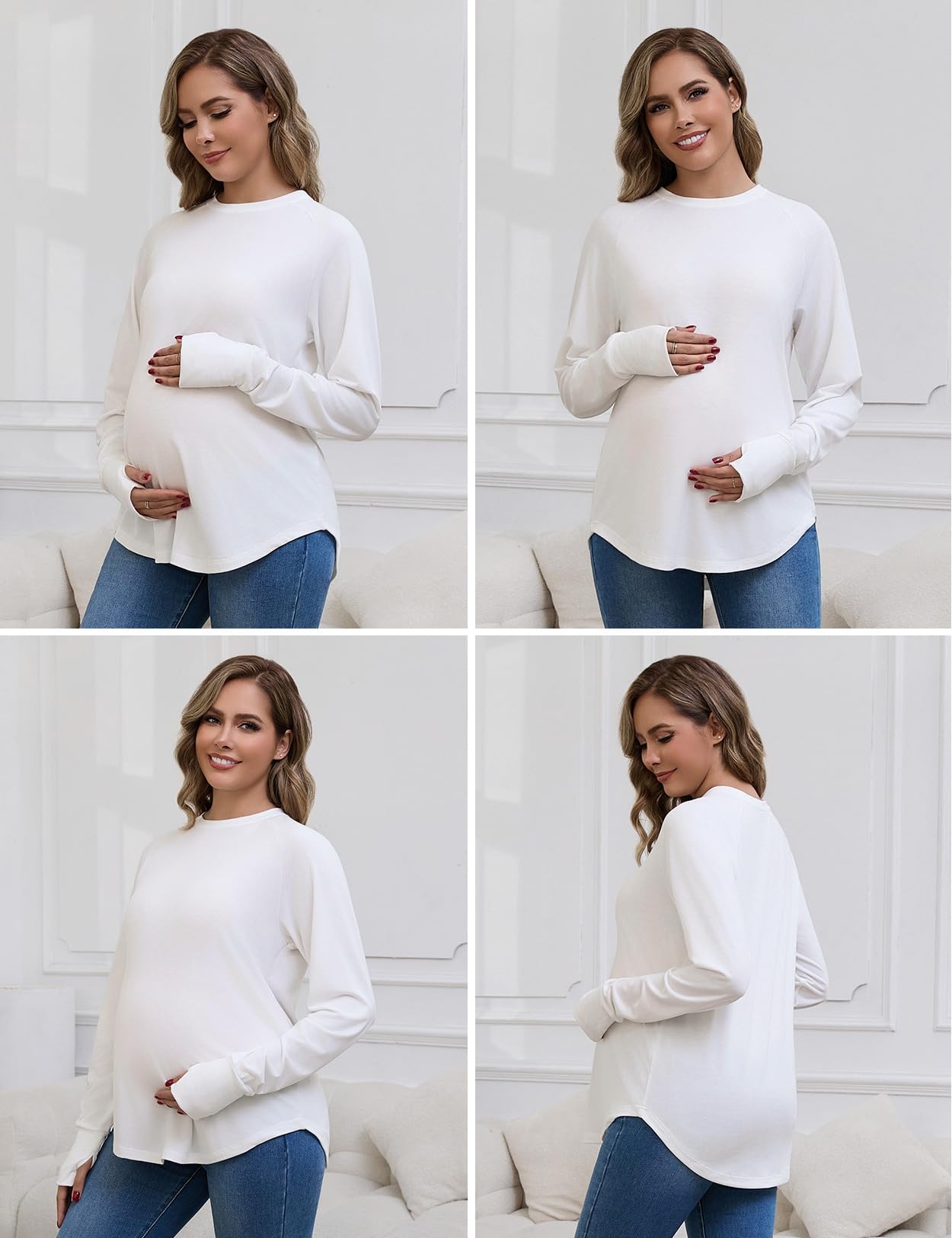 Bhome Camicette premaman, confezione da 3 pezzi, a maniche lunghe, per gravidanza, vestibilità ampia, casual, con fori per i pollici