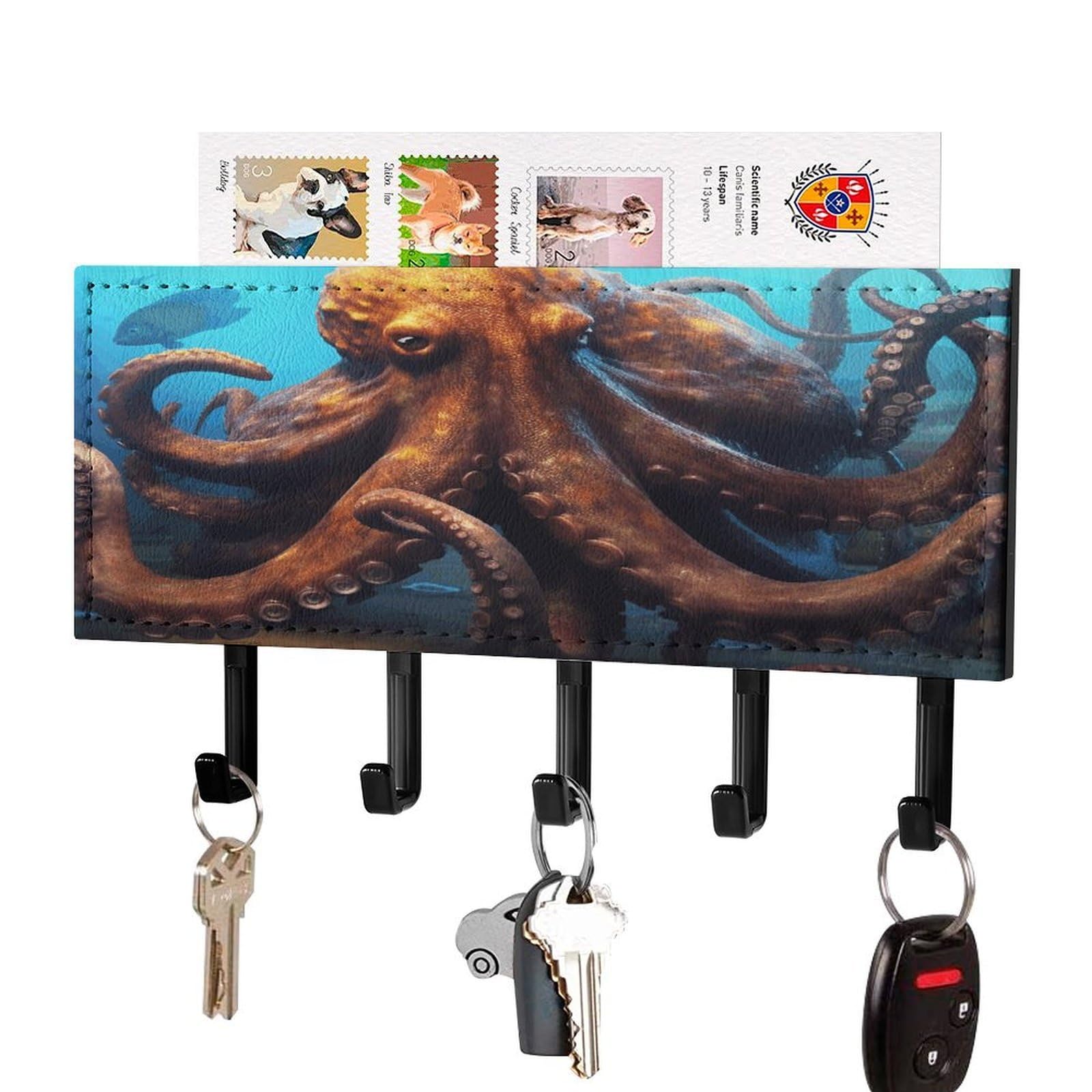 FekiLoot Huge Octopus Key Holder Wall Mount Key Hanger with 5 Hooks Decorative Key Rack Hanging Key Hooks with Mail Organizer Key Holder for Wall Living Room Kitchen Bathroom Hallway Black