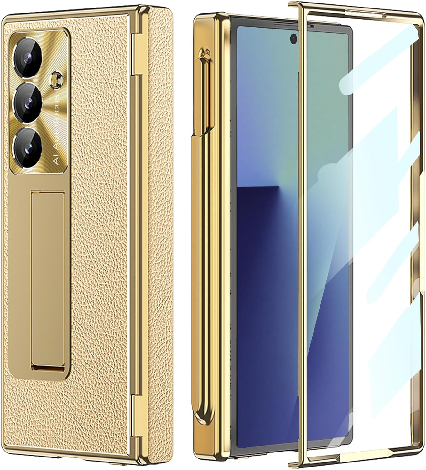 for Samsung Galaxy Z Fold 7 Case with S Pen Holder & Stylus, [Two Hinge Cover] Z Fold 7 Leather Case Kickstand Screen Protector Camera Protector Protective Cover for Z Fold 7 Rosegold