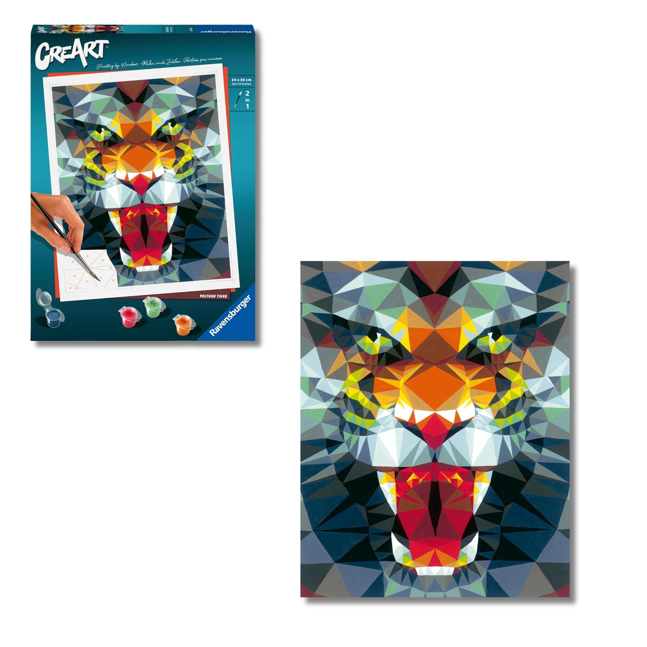 Ravensburger - CreArt Tigre Stile Poligono, Kit per Dipingere con i Numeri, Contiene Tavola Prestampata 24x30 cm, Pennello, Colori e Accessori, Gioco Creativo e Relax per Adulti 14+ Anni