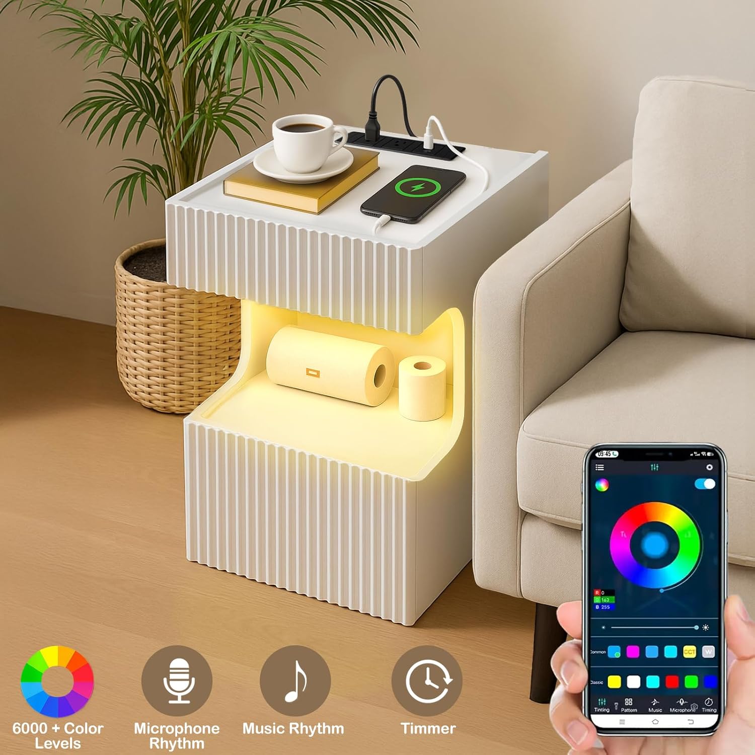 Night Stand with USB-C Charging, Adjustable RGB LED Lights, Modern White Nightstand with 2 Drawers, Bedside Table for Bedroom, 400x400x580, Bed Stand, End Tables