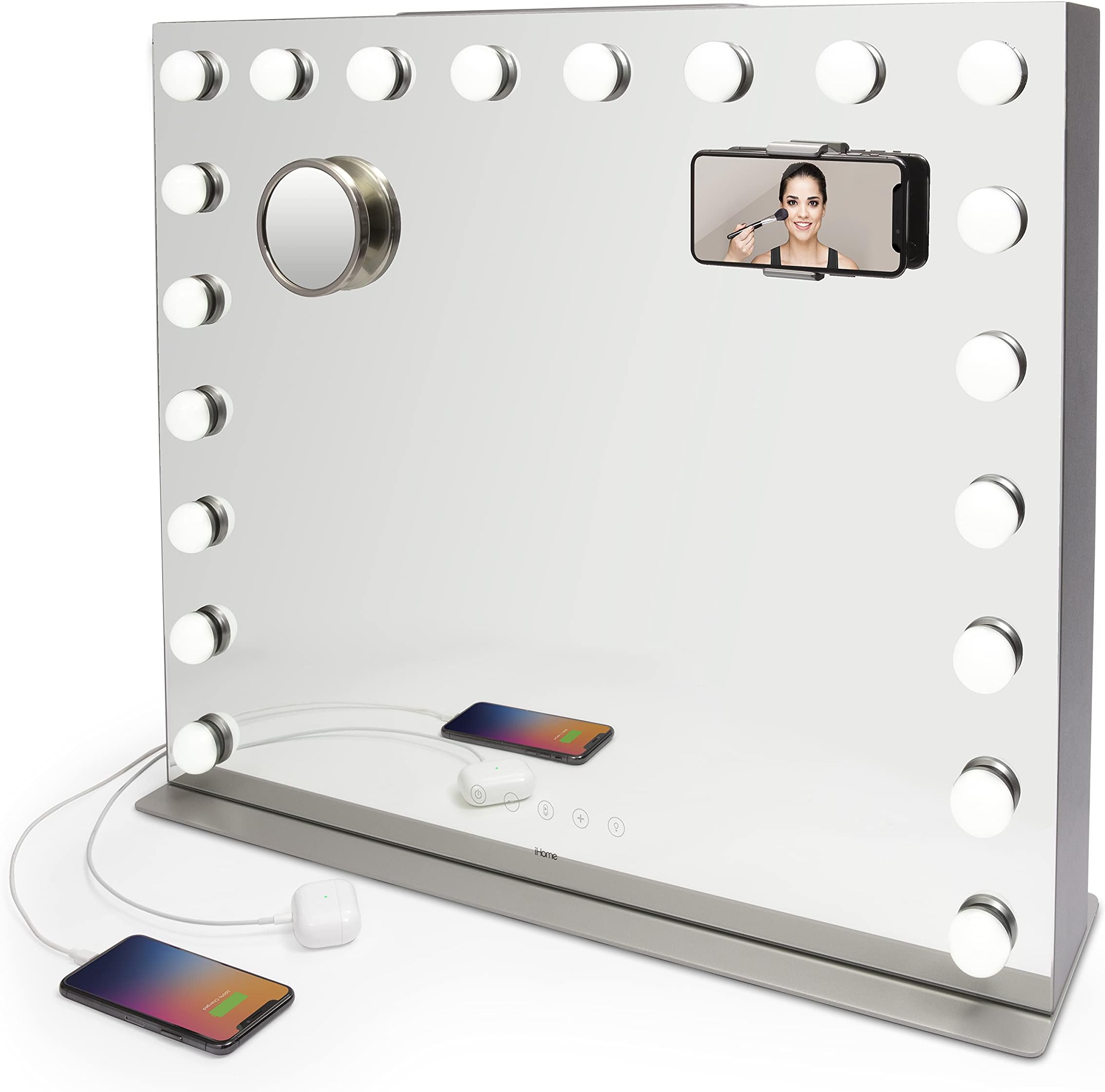 iHomeHollywood Studio Pro Luxury Oversized Vanity Stereo Speaker Systems with Bluetooth, Dual USB Charging and Removable 10x Detail Mirror