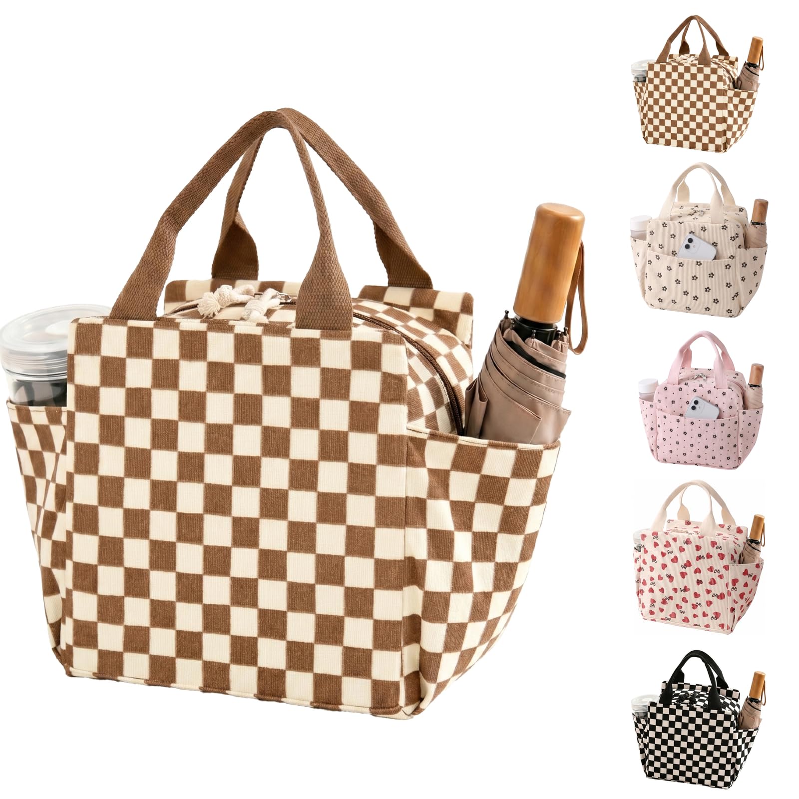 Arae Corduroy Insulated Lunch Bag Large Reusable Tote with Side Pockets Cooler Box for Work Picnic Travel Water Bottle Holder Collapsible Portable - Beige Brown Checkered — image 1