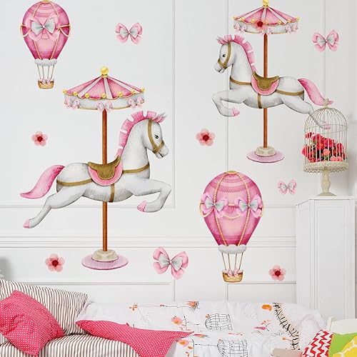Miniatura 4 de Calcomanías de pared de carrusel de ensueño 3D, 2 carruseles rosados, pajaritas, calcomanías de pared, bricolaje, despegar y pegar, acuarela, globo