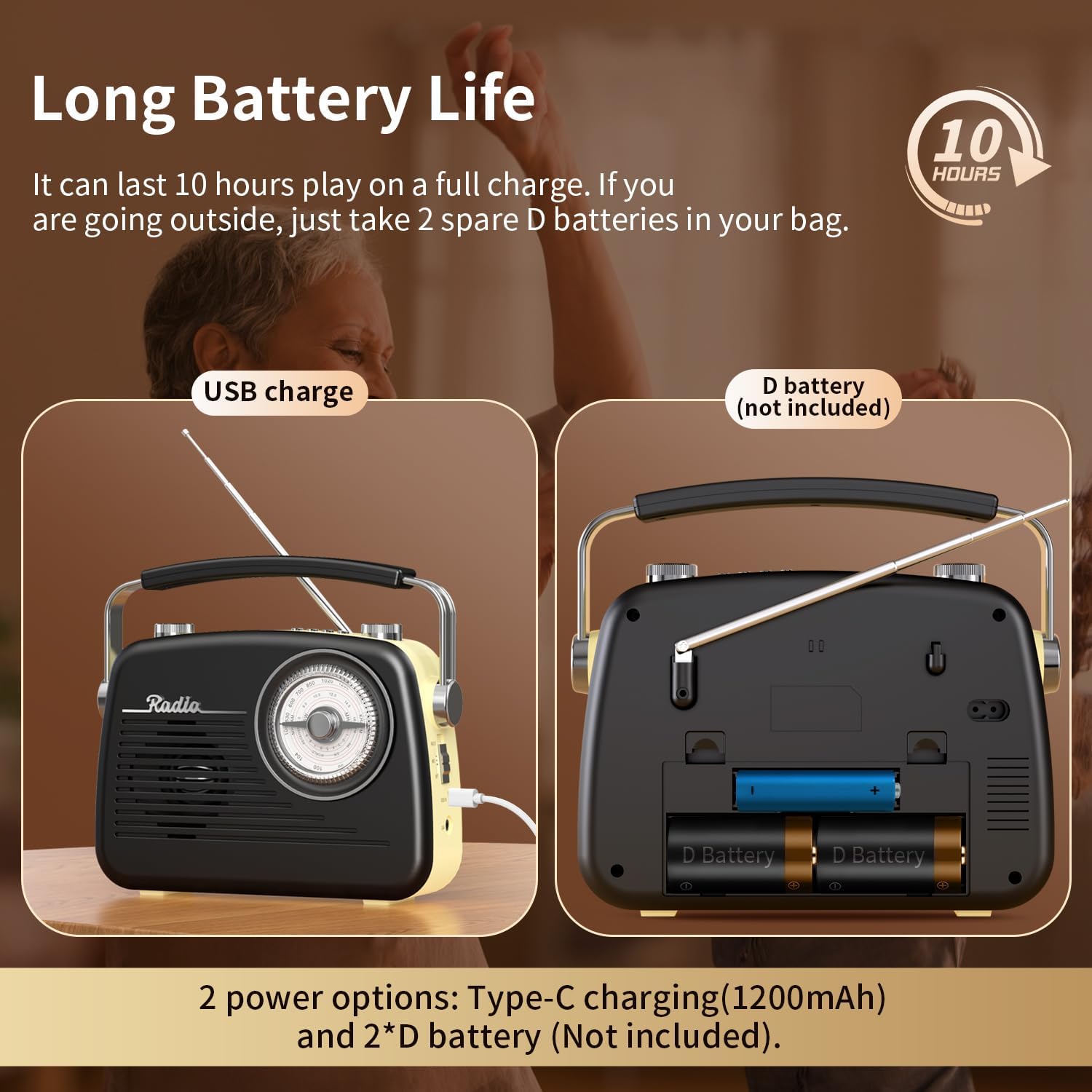 UMUTOO MG003 Portable Radio showing USB charge port and D battery compartment