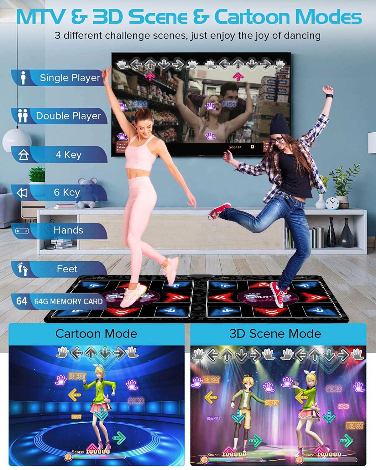 Tappeto da ballo elettronico musicale HDMI con fotocamera,650 brani,scheda di memoria da 64GB,81 video musicali,1000 giochi,per giocatore singolo e doppio,un regalo di lusso per ragazzi e ragazze