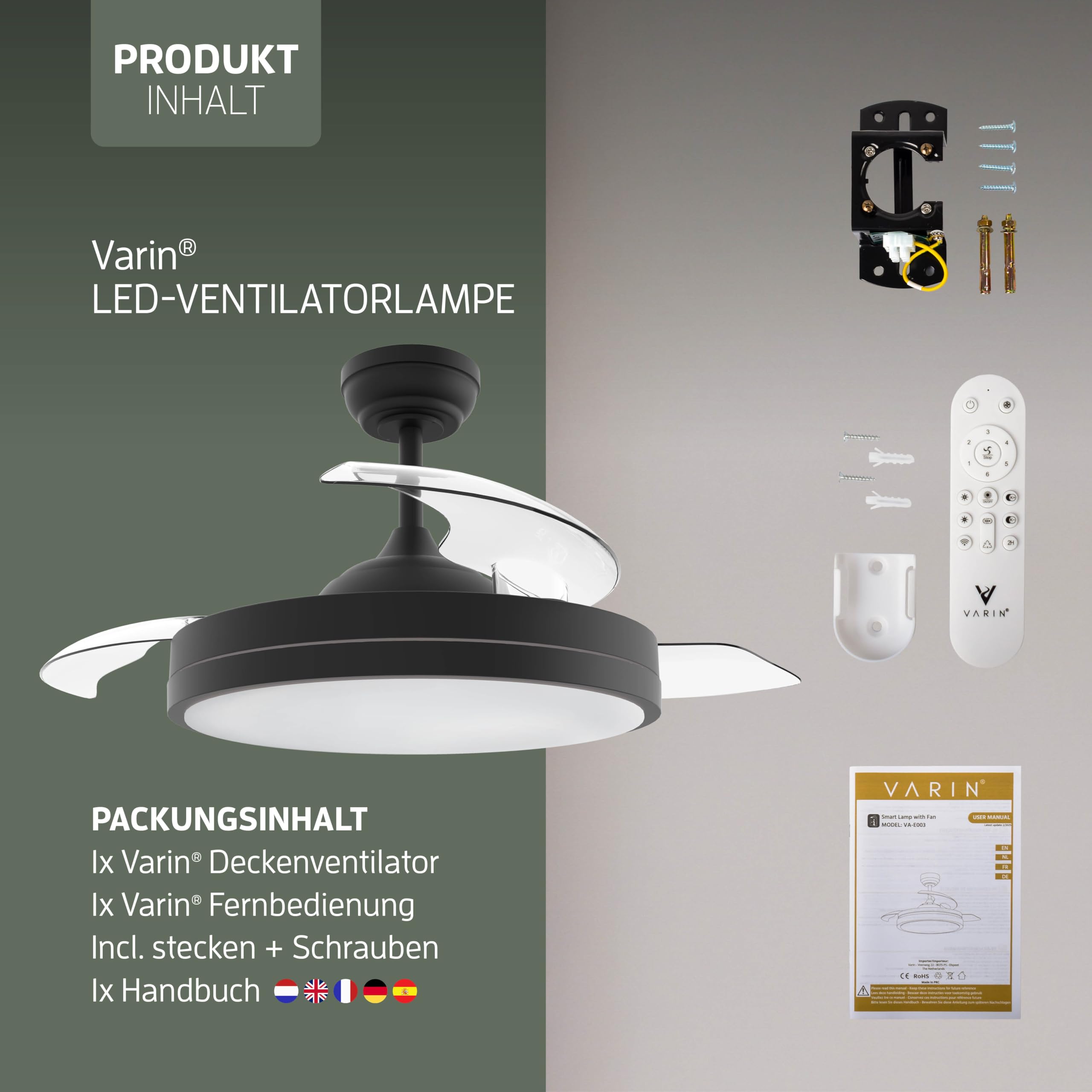 Varin® Smart Deckenventilator mit Beleuchtung, Tuya WLAN, Ventilator Leise 20dB, LED 36W RGBW, Fernbedienung, Einziehbare Flügel, Ventilator Lampe Decke, Ø 50 cm/108 cm, Schwarz