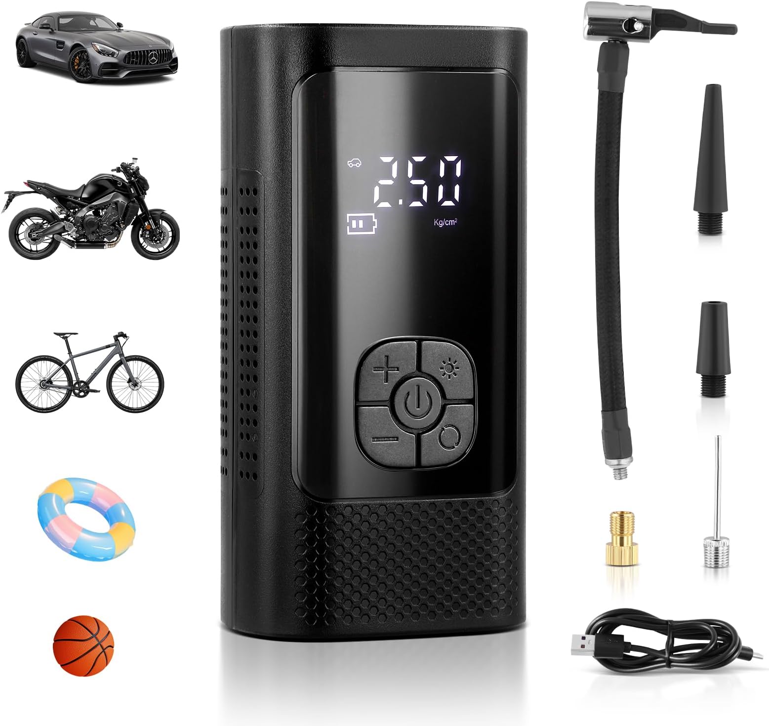 Tyre Inflator Air with LED Light and 3 Nozzle, 150PSI Auto Shut-Off Air Compressor Cordless Car Air Pump, USB Rechargeable Electric Digital Inflation Pumps for Car Ball Bike Motorcycle