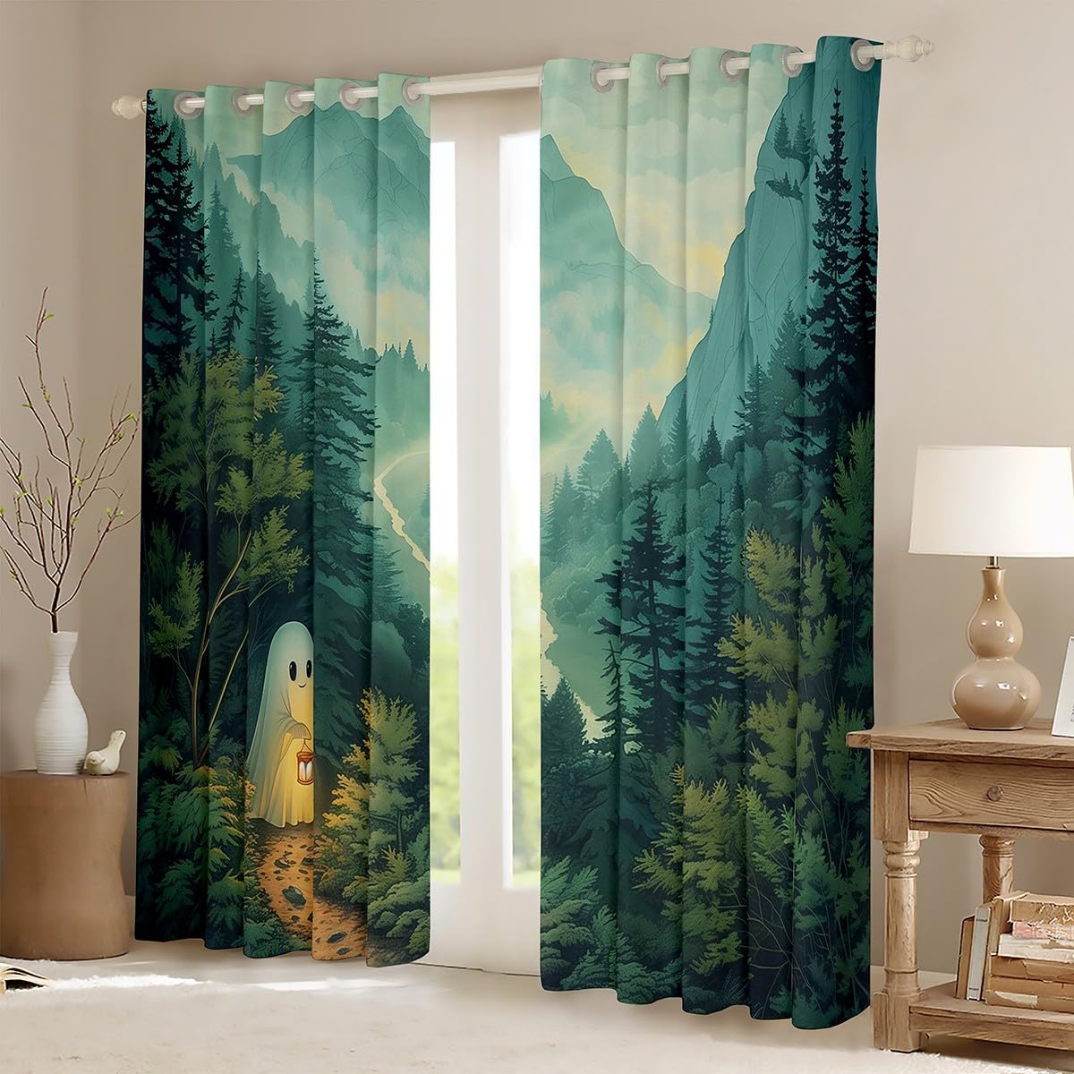 Castle Fairy Halloween Ghost Curtain for Bedroom,Green Plant Natural Rustic Farmhouse Blackout Window Curtain for Girls Boys,Cartoon Cute Ghost Print Window Treatment,Microfiber Durable, 52Wx90L inch