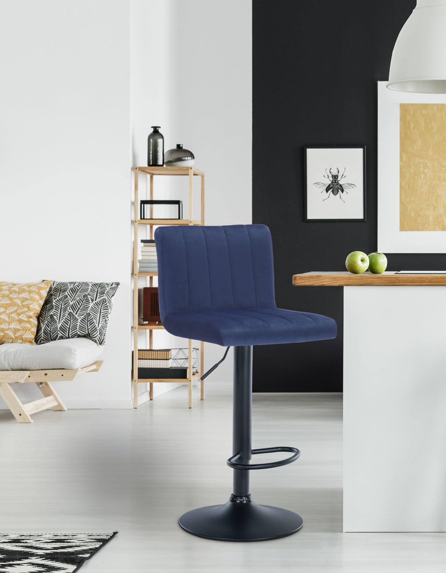 CLP Tabouret De Bar Jamie en Velours I Chaise Haute De Bistrot avec Repose-Pieds Hauteur Réglable Pivotant | Couleur Bleu