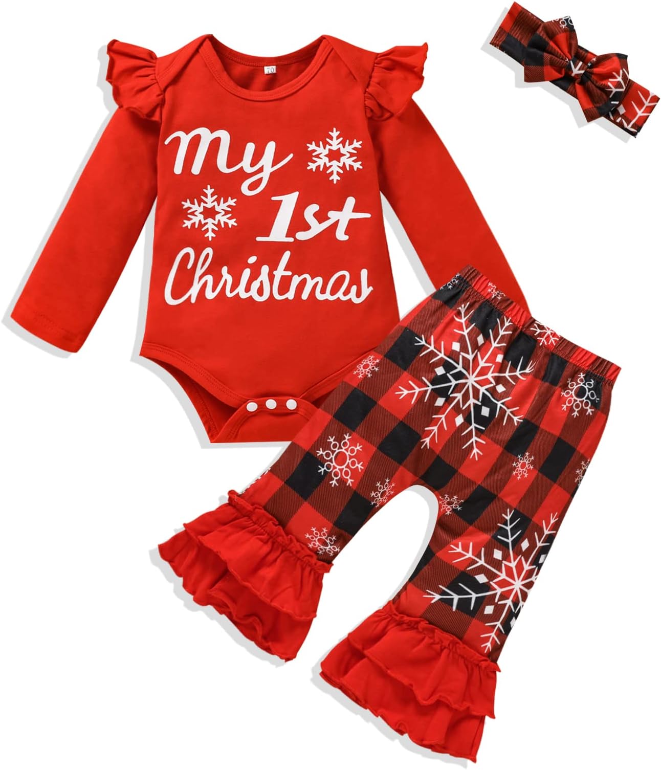 SinhoonMy First Christmas Clothes Newborn Baby Girl Long Sleeve Romper + Bell-Bottomed Pants Headband 3pcs Xmas Outfits