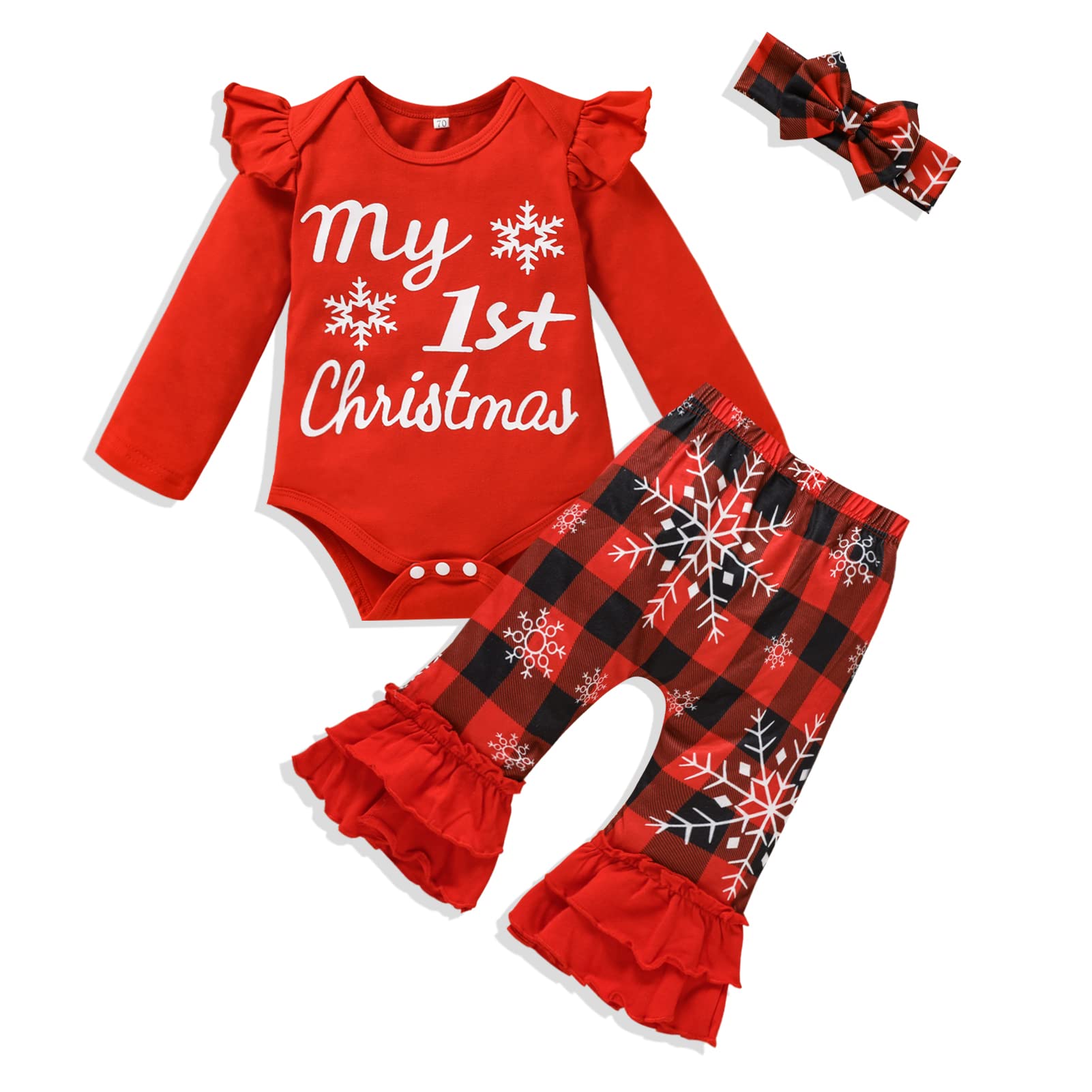 SinhoonMy First Christmas Clothes Newborn Baby Girl Long Sleeve Romper + Bell-Bottomed Pants Headband 3pcs Xmas Outfits
