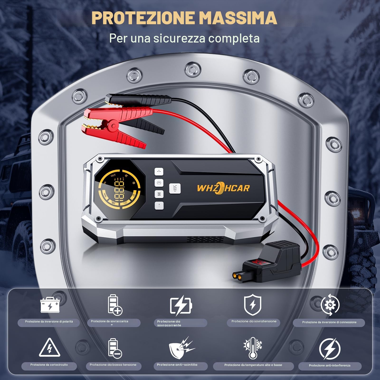 Avviatore Emergenza per Auto 150PSI Compressore 8000A Booster Avviamento Auto 12V Booster Avviamento Moto Con LCD Jump Starter Cavi Di Ponticello Estesi Carica Rapida Torcia a LED Avviatore Booster