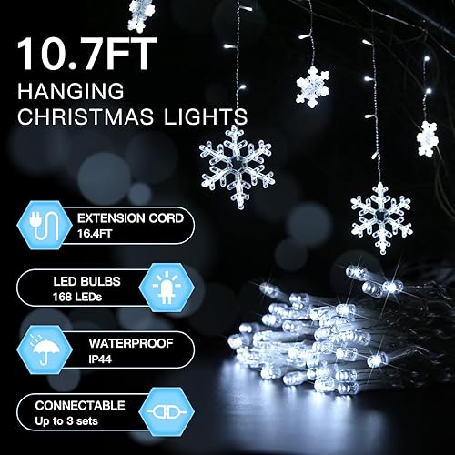 Miniatura 7 de suddus Luces de copo de nieve de Navidad para exteriores, 10.7 pies, 168 luces LED conectables con 14 gotas, luces de carámbano colgantes para