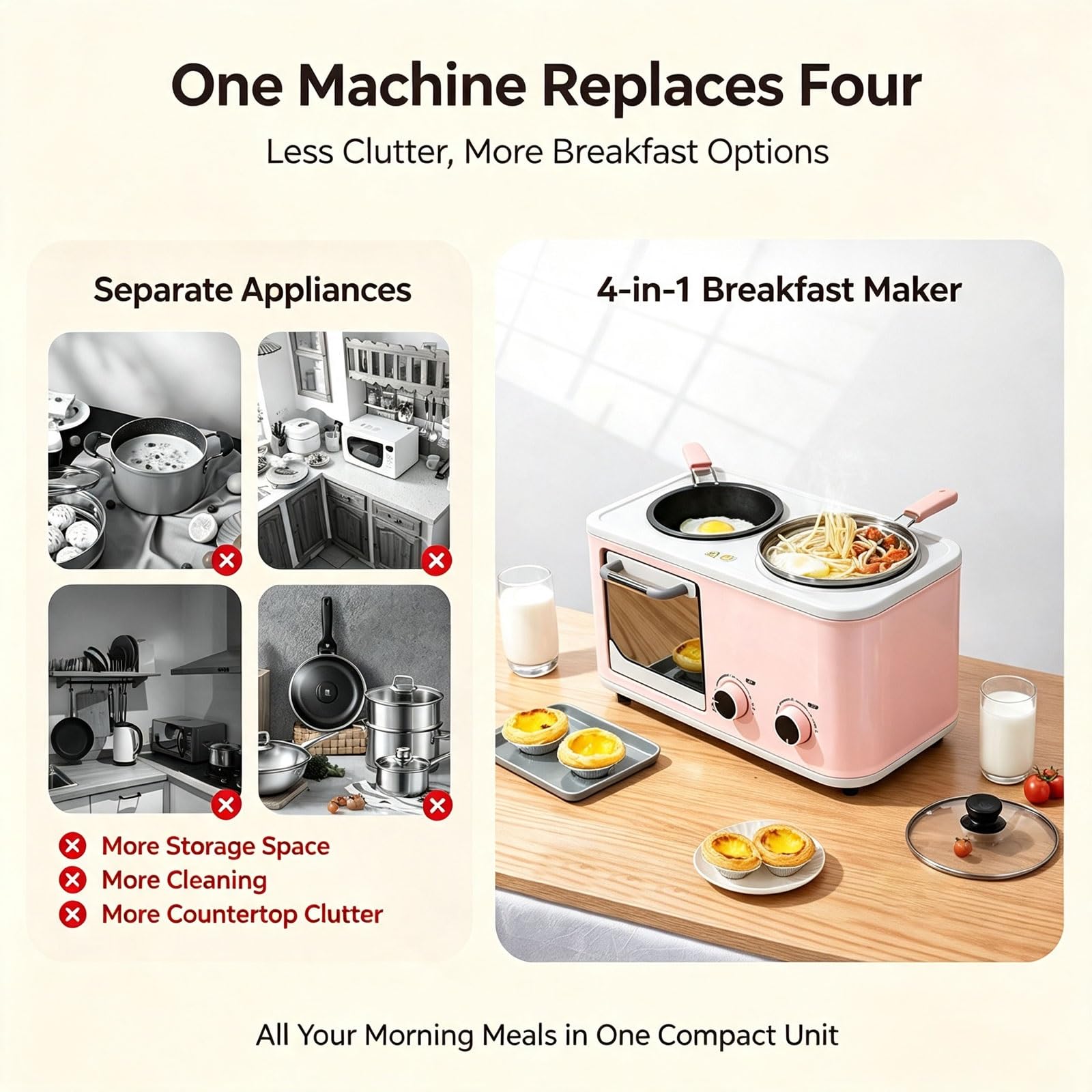 Stazione colazione multifunzionale 3 in 1, tostapane compatto da 8 litri
