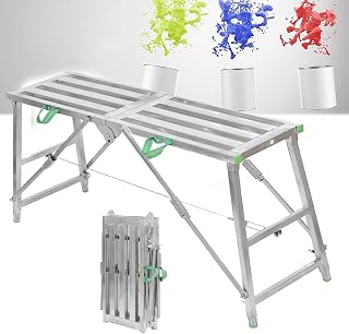 Multipurpose Adjustable Work Platform, Portable Folding Steel Scaffolding Equipment Step Ladder w/Non-Slip Step for Rv Cleaning High Painting Walls, Drywall, Decorating,160cm