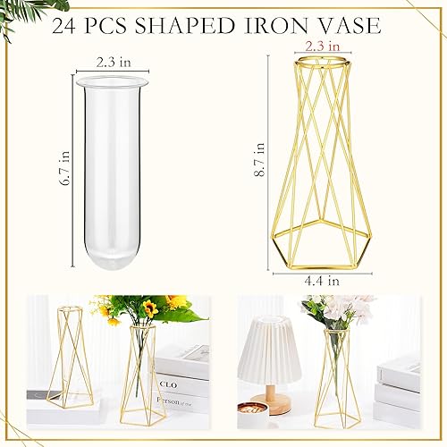 Miniatura 2 de 24 jarrones geométricos dorados para centros de mesa, marco de metal, florero con cilindro de vidrio, soporte de flores moderno hidropónico para el