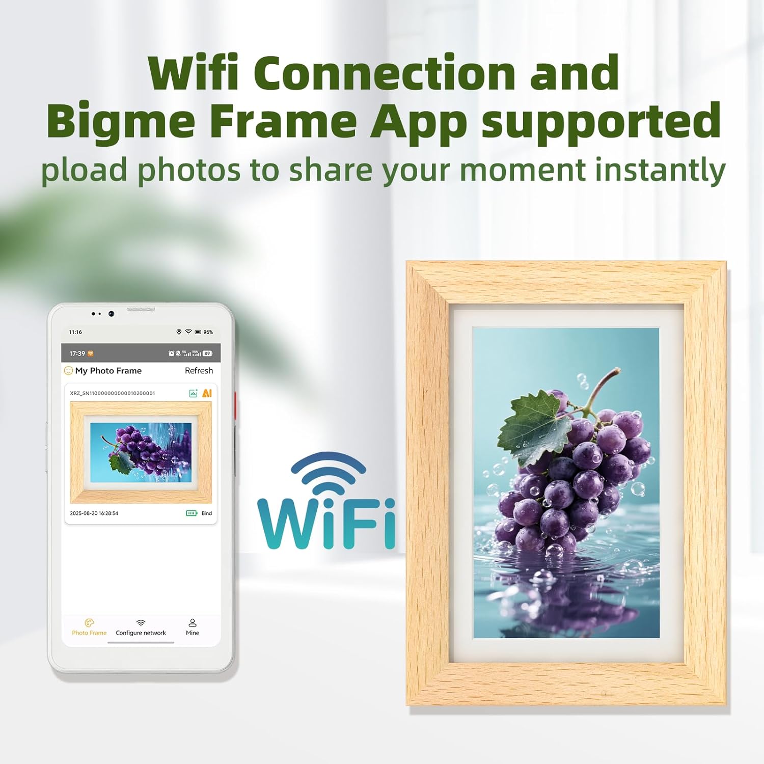 Bigme F7 Digital Photo Frame, 7 Inch Color ePaper Screen, Mobile App WiFi Sharing, 1300mAh Battery, Wood