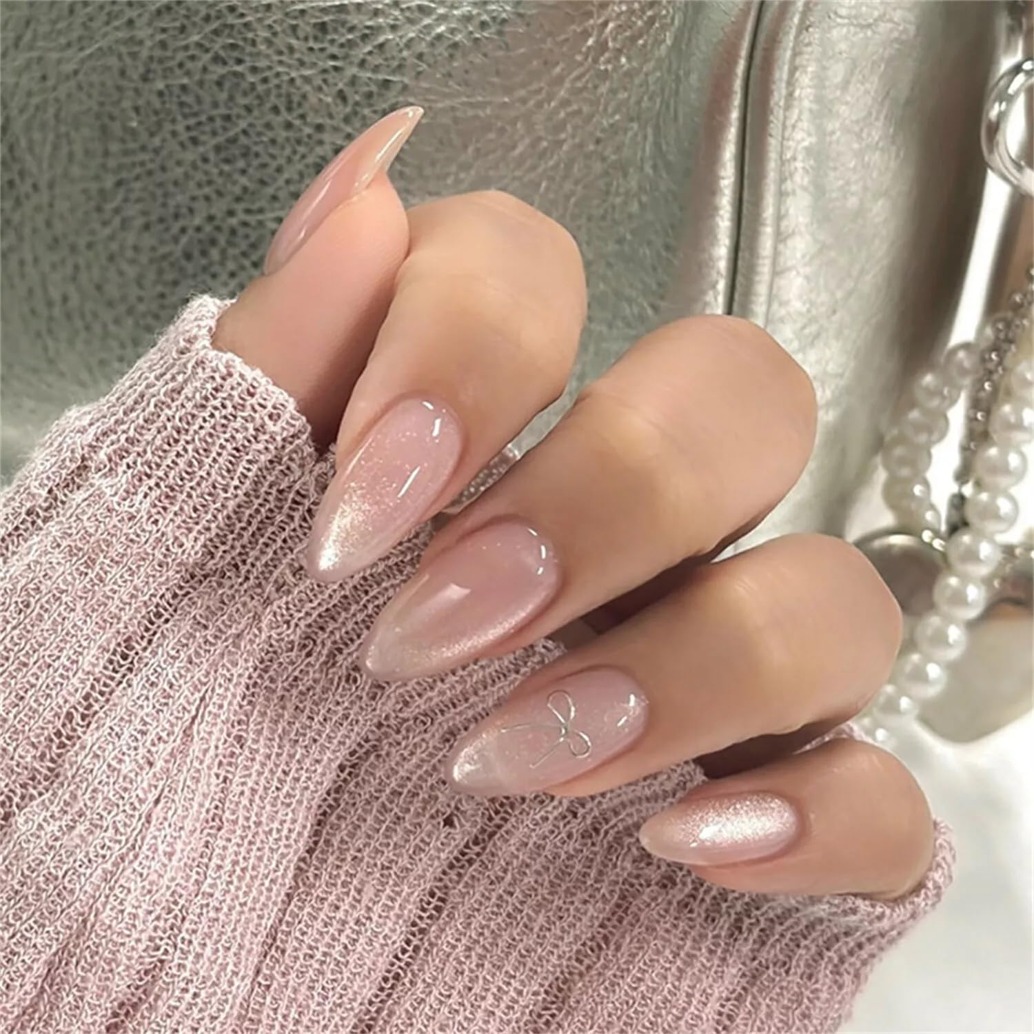 nakhi 24 reusable artificial fake nail set | base silver glitter with bow design glossy nails | lightweight & long lasting | quick fix for festivals & special occasions