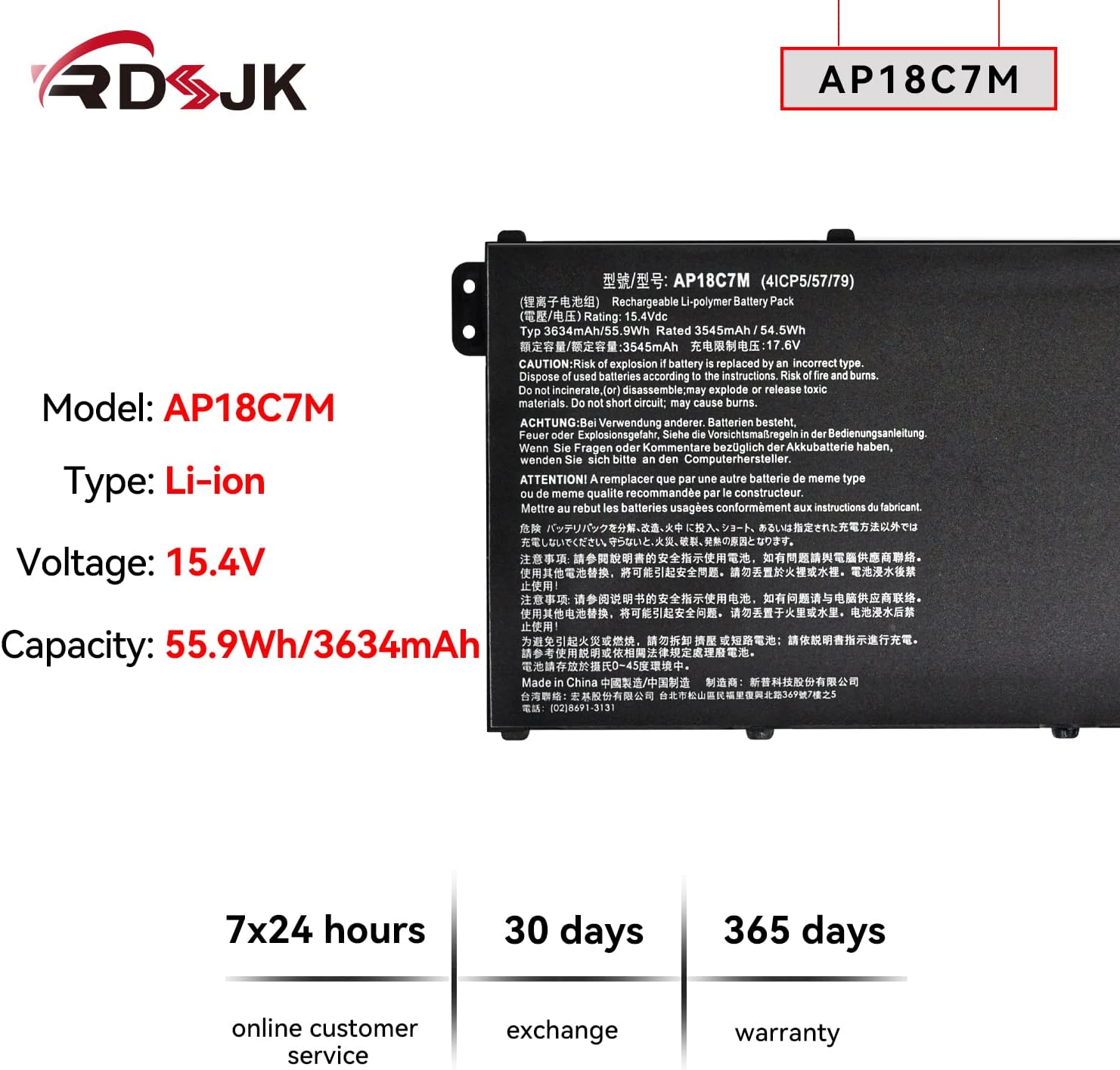 AP18C7M Laptop Battery for ACER ConceptD 3 CN315-72 Spin 5 SP513-54N SP513-55N Swift 3 SF313-52 SF313-52G SF313-53 SF514-55T SF514-55TA Swift 5 SF514-54GT SF514-54T SF514-55GT SF514-55T Series 55.9Wh