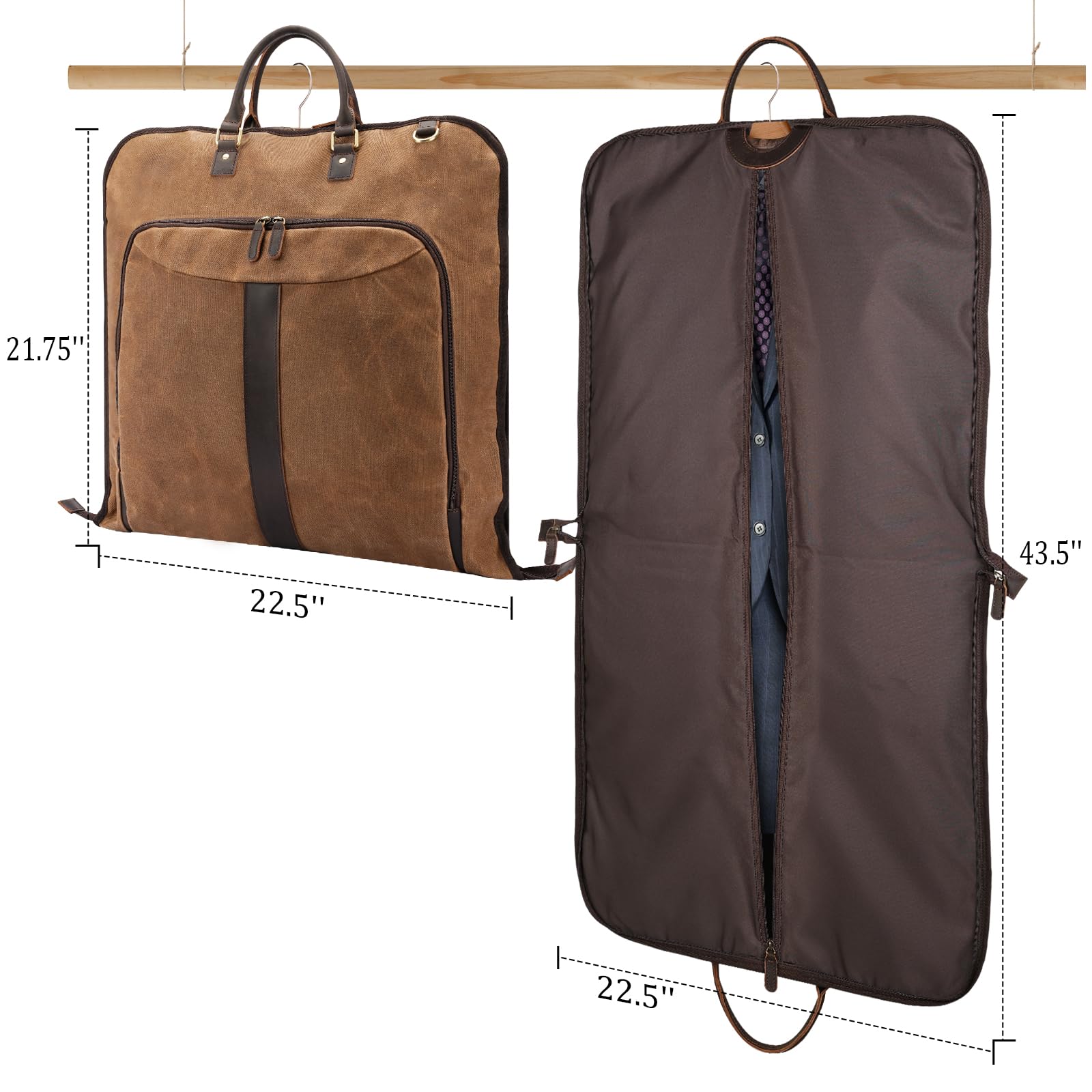 Polare gewachstes Segeltuch, Vollnarbenlederbesatz, Handgepäcktasche für Reisen, faltbar, zum Aufhängen, staubdicht, wasserdicht, mit YKK-Reißverschluss und verstellbarem Riemen
