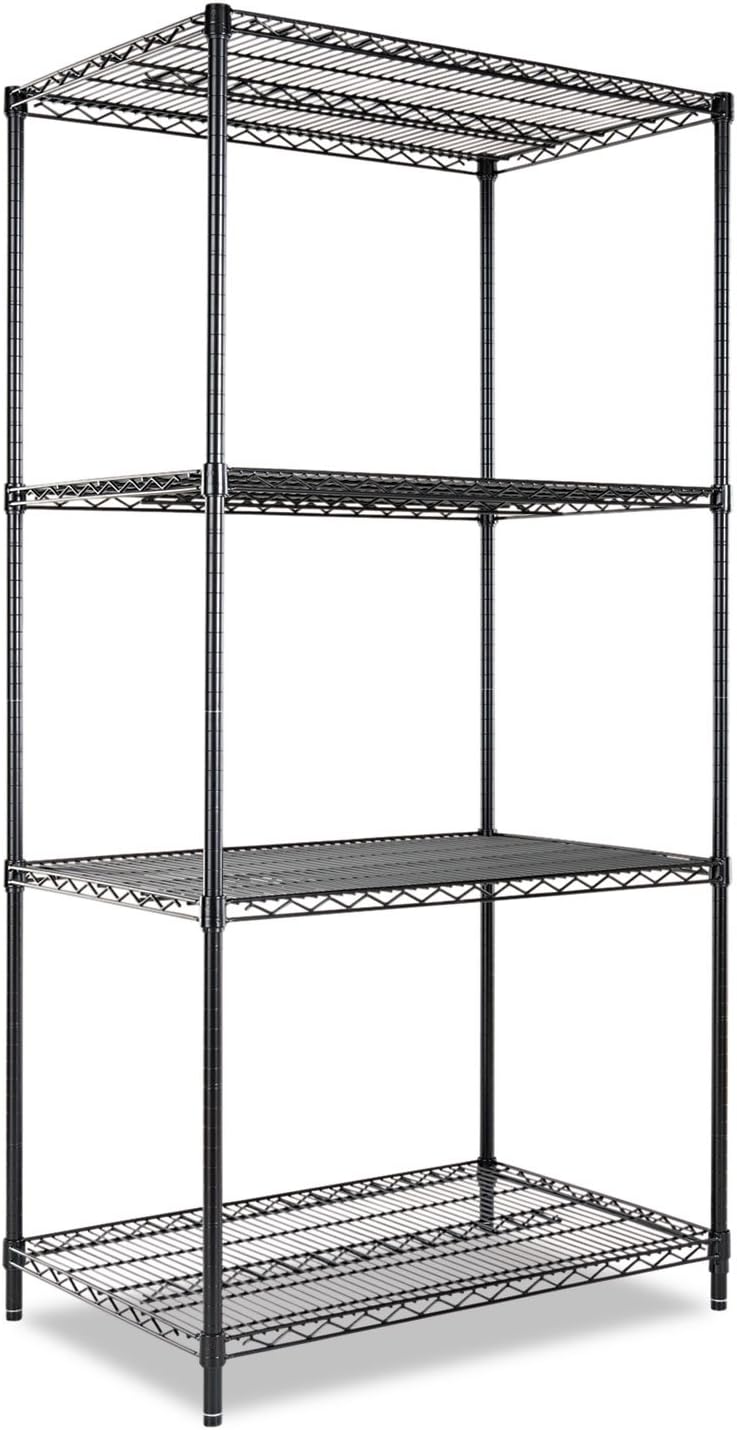 Alera Wire Shelving Unit with items, showing open wire design
