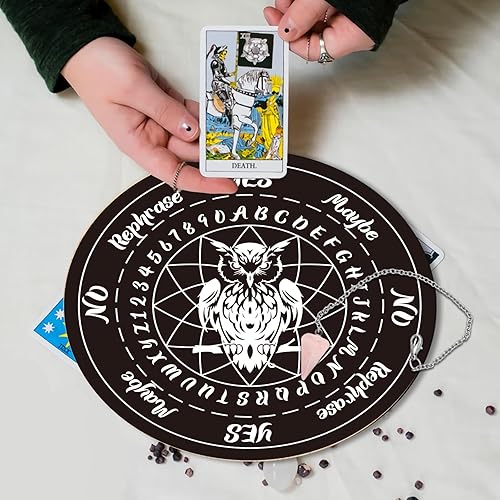 Miniatura 7 de INFUNLY Juego de péndulo de búho con tablero de péndulo de madera, collar de cristal de péndulo de 10 x 10, tablero de péndulo de divinación para