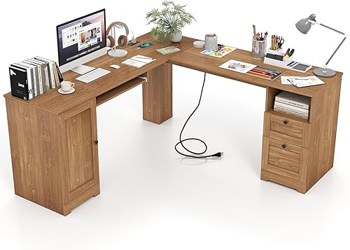Tangkula 66” x 66” L-Shaped Office Desk with Power Outlets, Modern Home Office Computer Desk with 2 Drawers, Cabinet, Adjustable Shelf & Keyboard