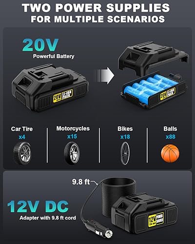 Miniatura 10 de Inflador de neumáticos, compresor de aire portátil, bomba de aire de mano de 150 PSI para neumáticos de automóvil con batería recargable de 20 V,