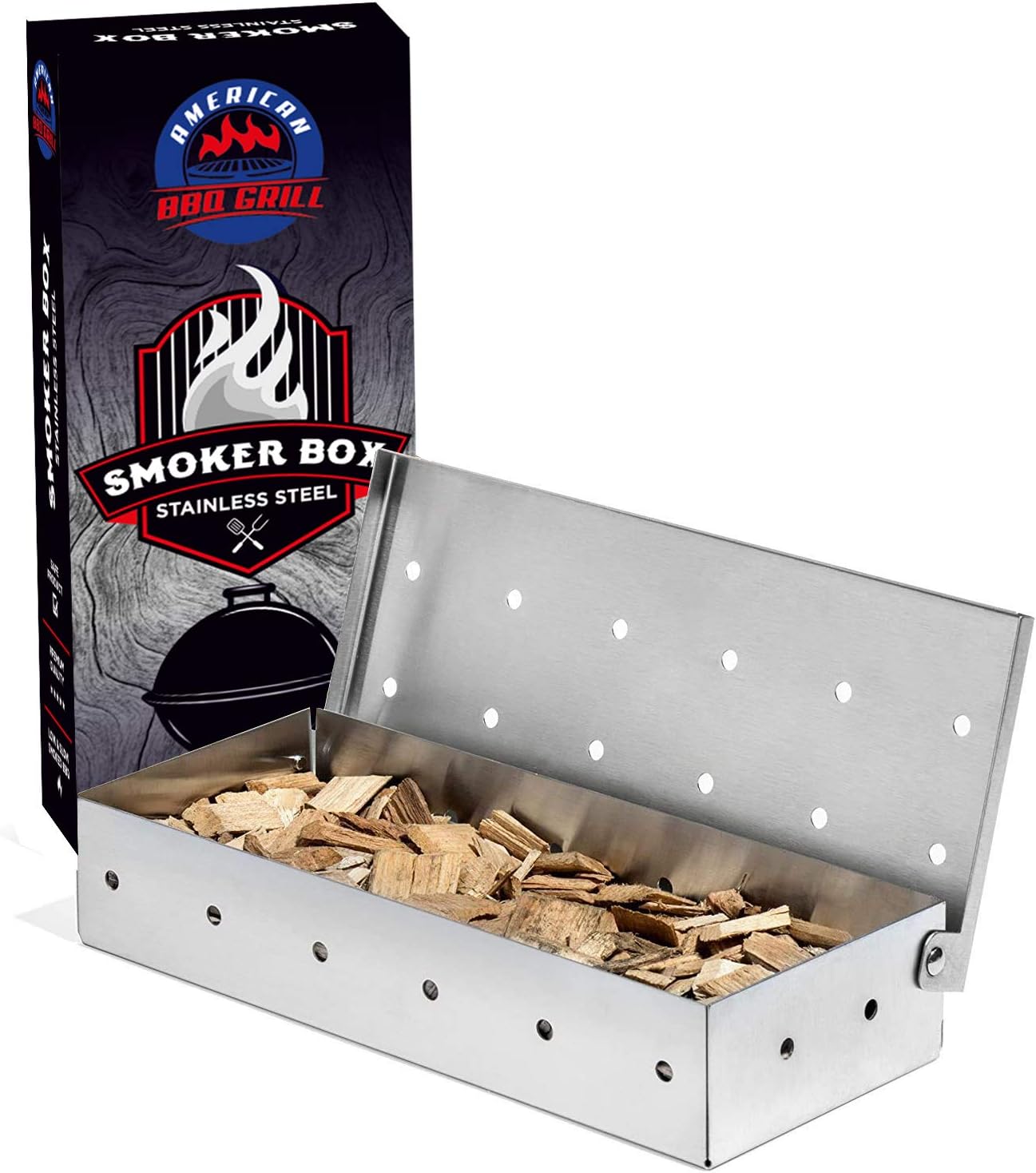 Smoker Box - For Smoking Wood Chips and Woodchips - Heavy Duty Stainless Steel - Smoky Flavor Grilled Meat and Fish - For Gas and Charcoal Grill - Perfect Smokebox Gift for Him
