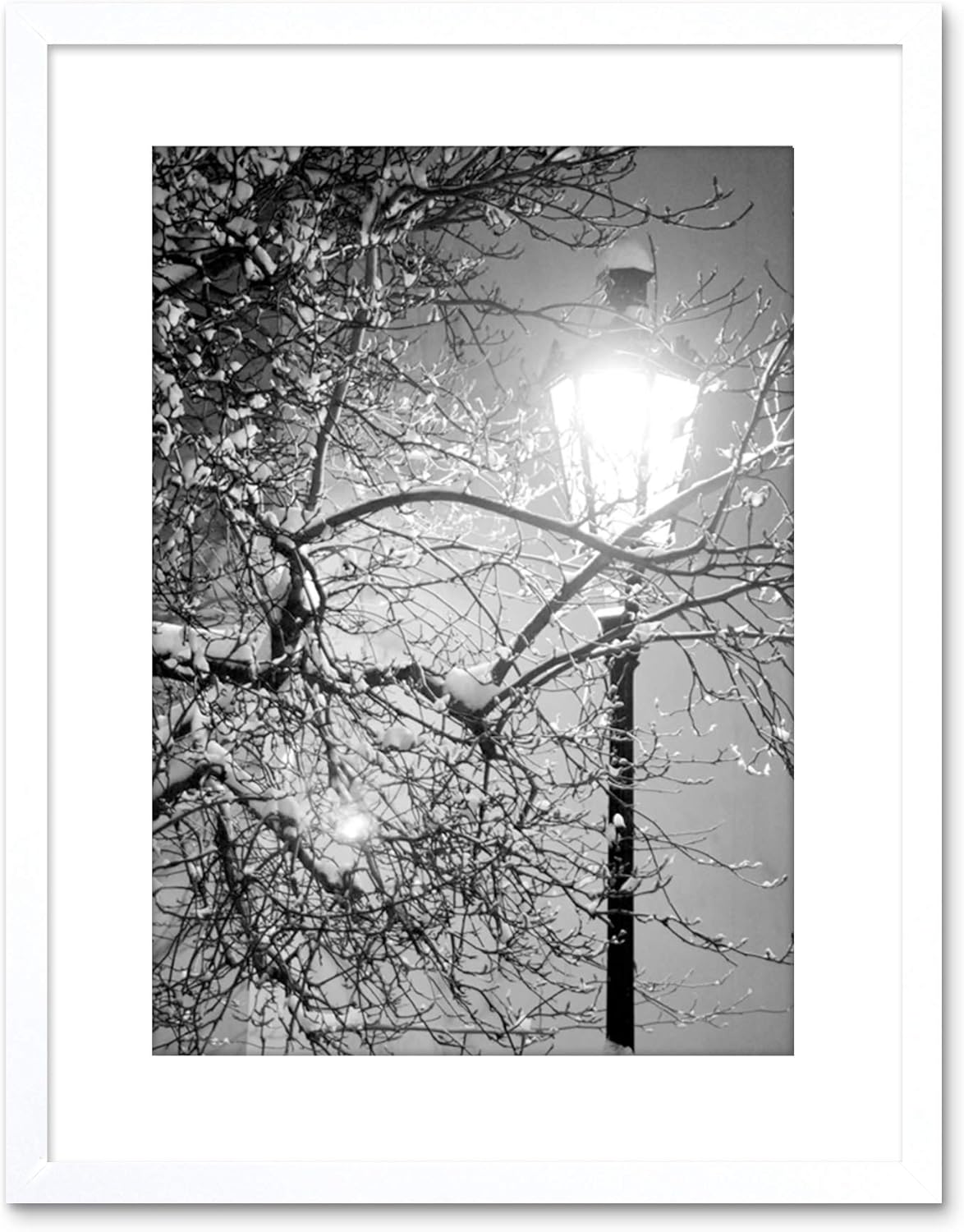 9x7 '' STREET LAMP WINTER NIGHT BLACK WHITE PHOTO FRAMED ART PRINT F97X488