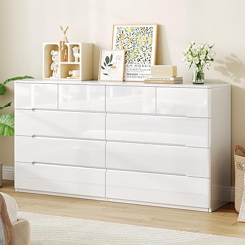10 Drawer White Dresser for Bedroom, 55" Long Dresser Chest of Drawers, Large High Gloss Modern Storage Cabinet with Big Drawers Handle Free, Living Room, Entryway, Hallway