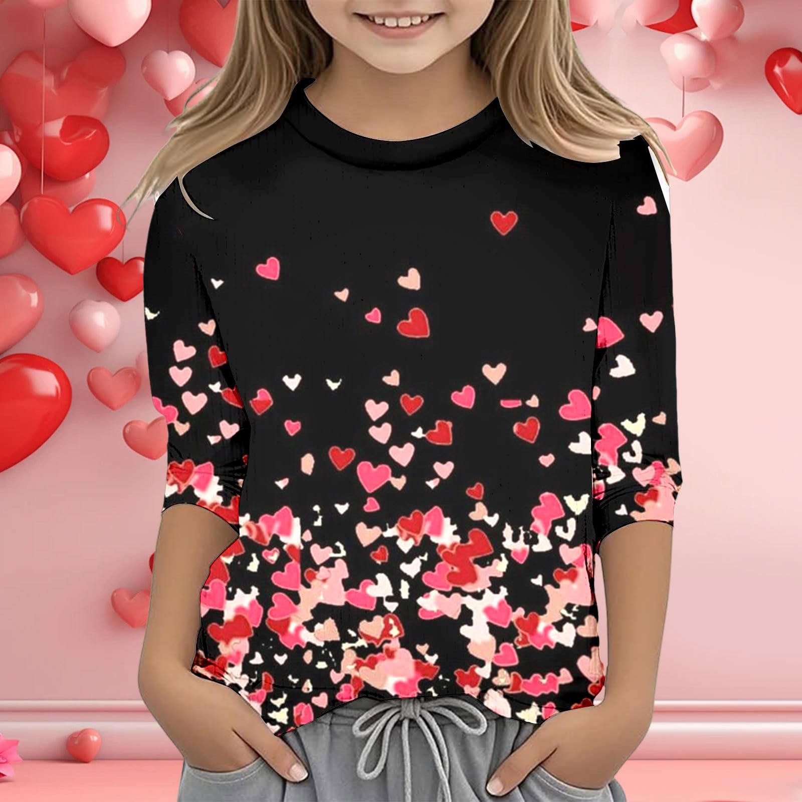Modisches Mädchen T-Shirt für Valentinstag mit Rundhalsausschnitt 3/4-Ärmeln in lässigem Design
