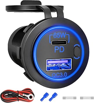 منفذ USB 83 وات 12 فولت، 18 وات QC 3.0 USB A و65 وات PD USB C مقبس شاحن سيارة مع مفتاح تشغيل وإيقاف للسيارة عربة جولف قارب حافلة بحرية شاحنة RV دراجة نارية بحرية