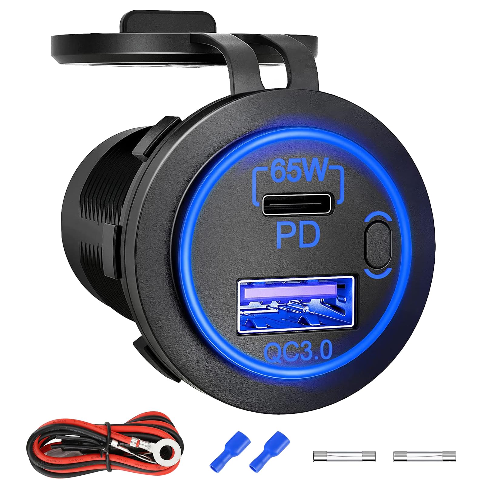 12V USB Outlet, 18W QC 3.0 USB A & 65W PD USB C Car Charger Socket with ON Off Switch for Car Golf Cart Boat Marine Bus Truck RV Marine Motorcycle