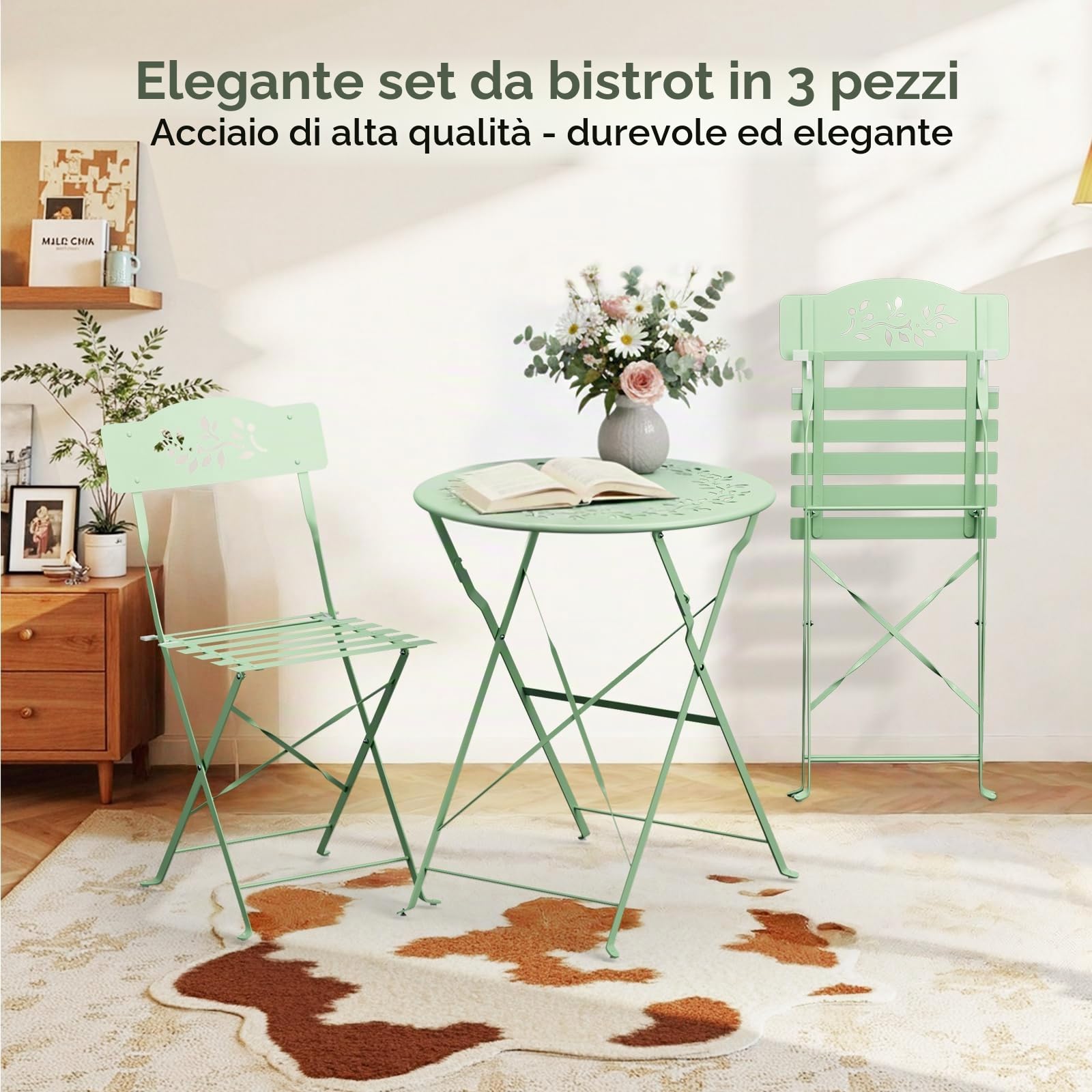 VINGLI Set Bistrò Pieghevole, Tavolino da Balcone con 2 Seide, Tavolo e Sedie da Esterno, Balcone e Terrazza (Verde Chiaro, Modello Traforato, Senza Cuscino)