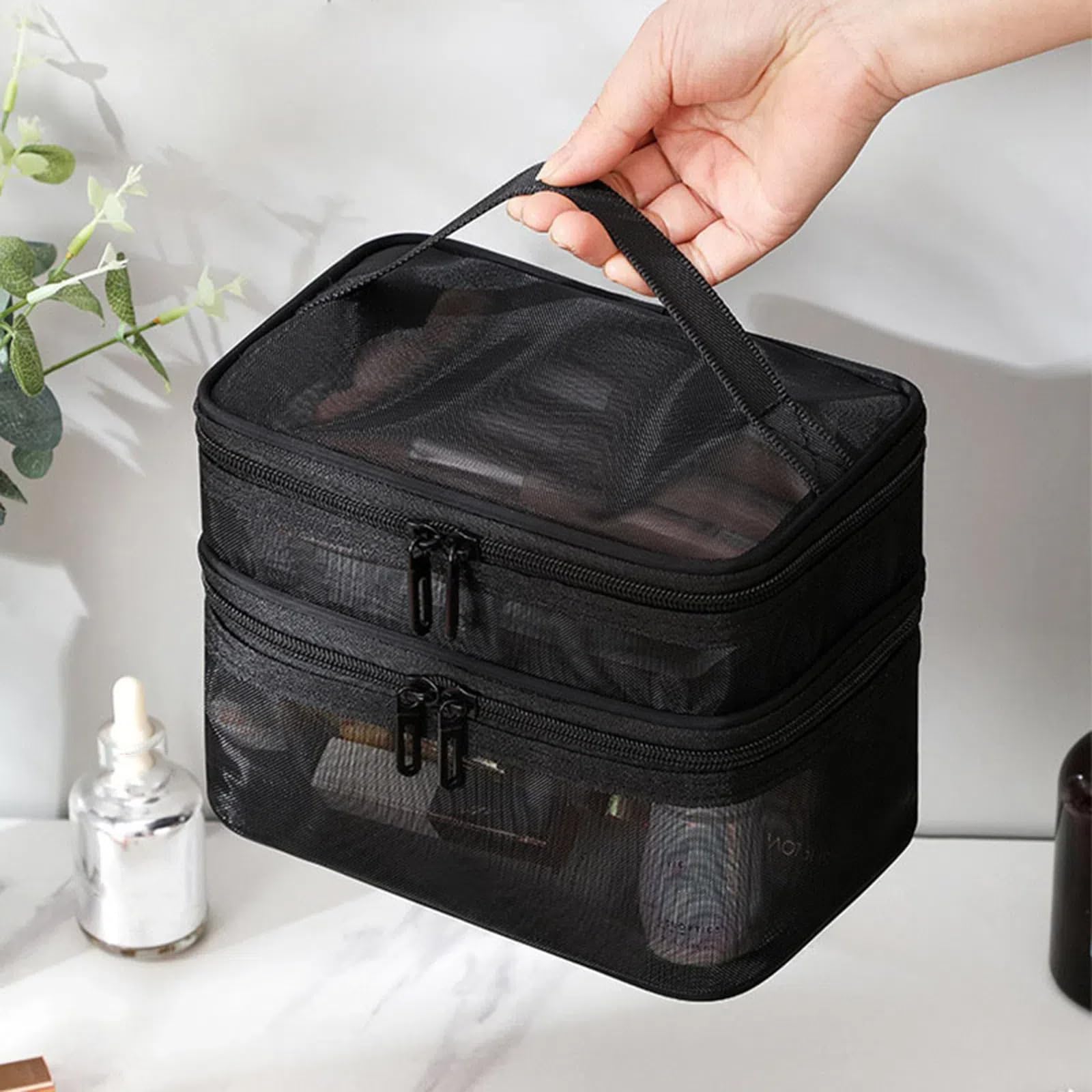 Tosnail Juego de 3 bolsas de malla con cremallera con asa, bolsa de malla negra, bolsa de aseo de viaje, organizador de cosméticos, organizador de cosméticos, organizador de ducha portátil para