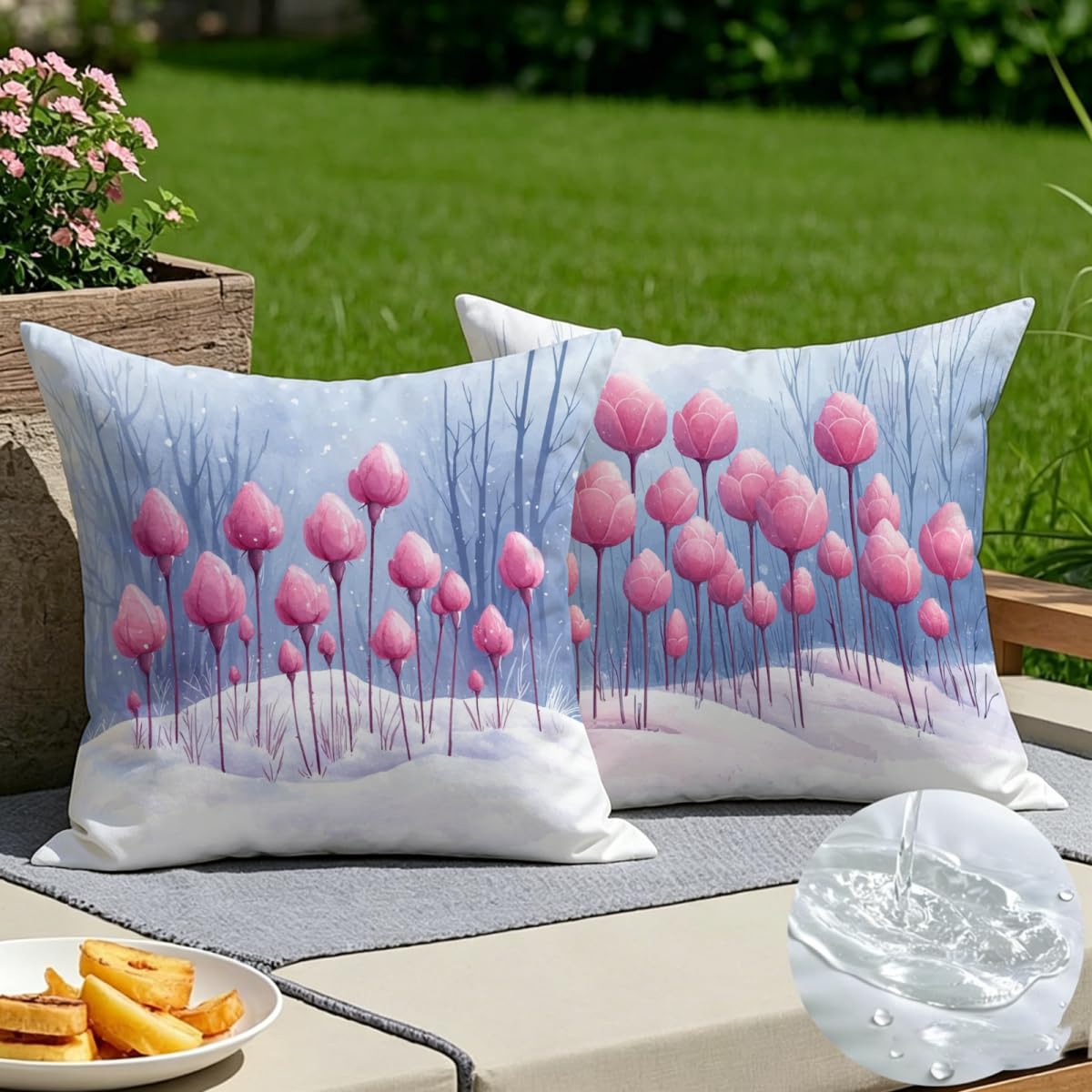 Coussin extérieur imperméable rose 55x55 avec housse fleurie déperlante