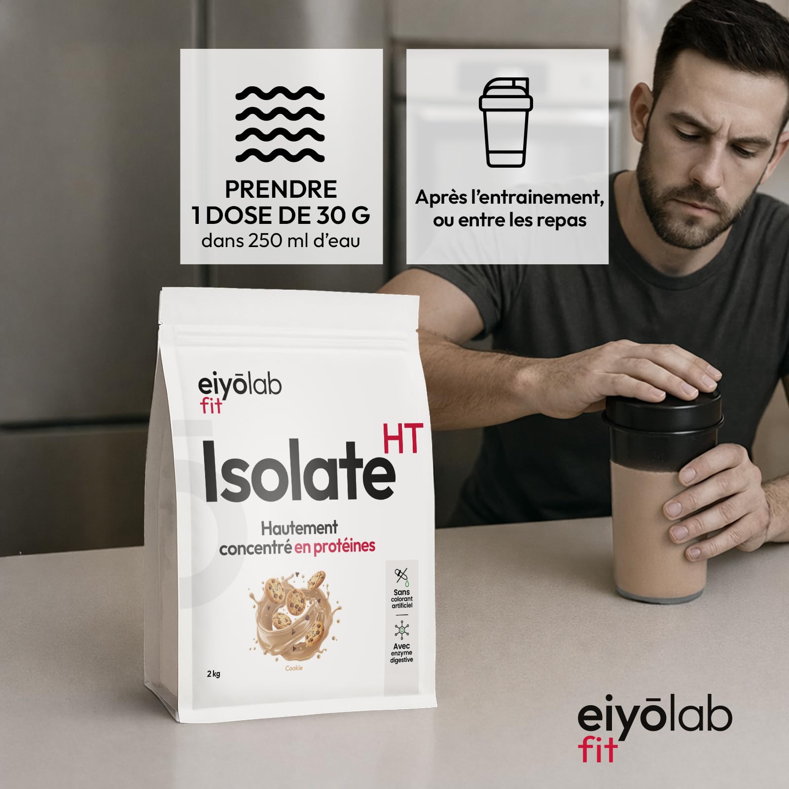 ISOLATE HT | Whey Aislado de Proteína en Polvo | Hasta 88% de Proteína | Rica en BCAA + Glutamina | Culturismo rápido y seco | Bajo en Lactosa | Sabor Cookie | 2 kg | Eiyolab