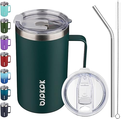 Miniatura 22 de BJPKPK Taza de café aislada con 2 tapas, vaso aislado de acero inoxidable de 25 onzas con asa, tazas de café de doble pared con aislamiento al