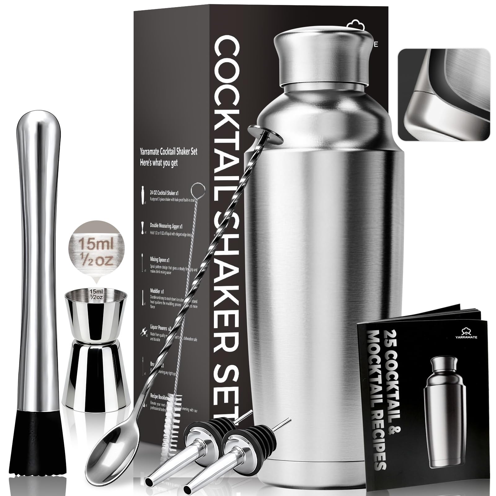 YARRAMATE 304 Stainless Steel 24 oz Cocktail Shaker 8-Pcs Set with Built-in Strainer, Premium Vacuum Insulated Martini Shaker Kit-Jigger Mixing Spoon Muddler 2 Pourers Cocktail Recipe for Drink Mixing