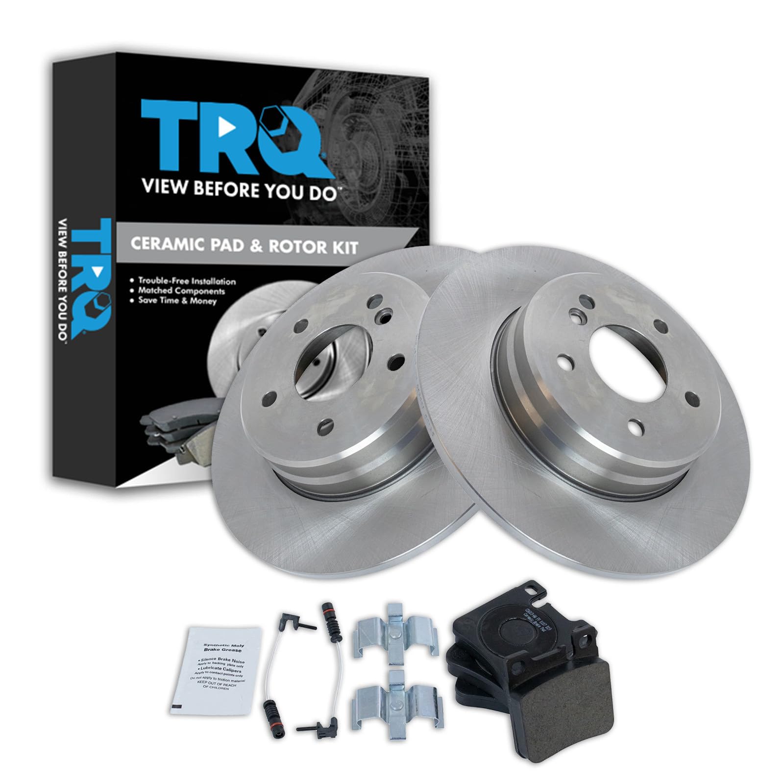 TRQ Rear Brake Pad and Rotor Set Ceramic Compatible with 1996-1997 C36 AMG 1996-2002 E320 1997 E420 1998-1999 CLK320 1998-1999 E300 1998-2002 E430 1999 CLK430