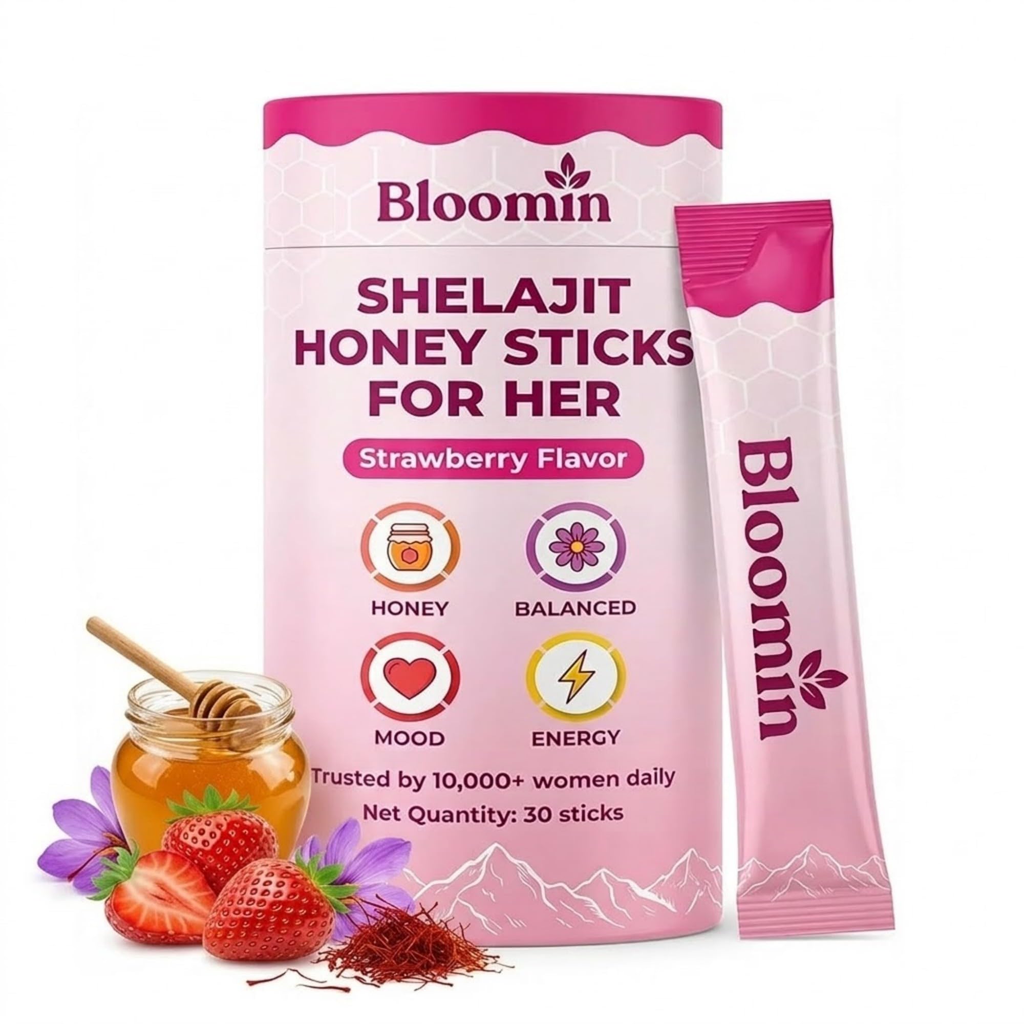 Bloomin Honey Sticks, Shilajit Honey Sticks for Women, Support Hormonal Balance, Focus & Stamina, Daily Energy, with Shilajit, Shatavari & Saffron,