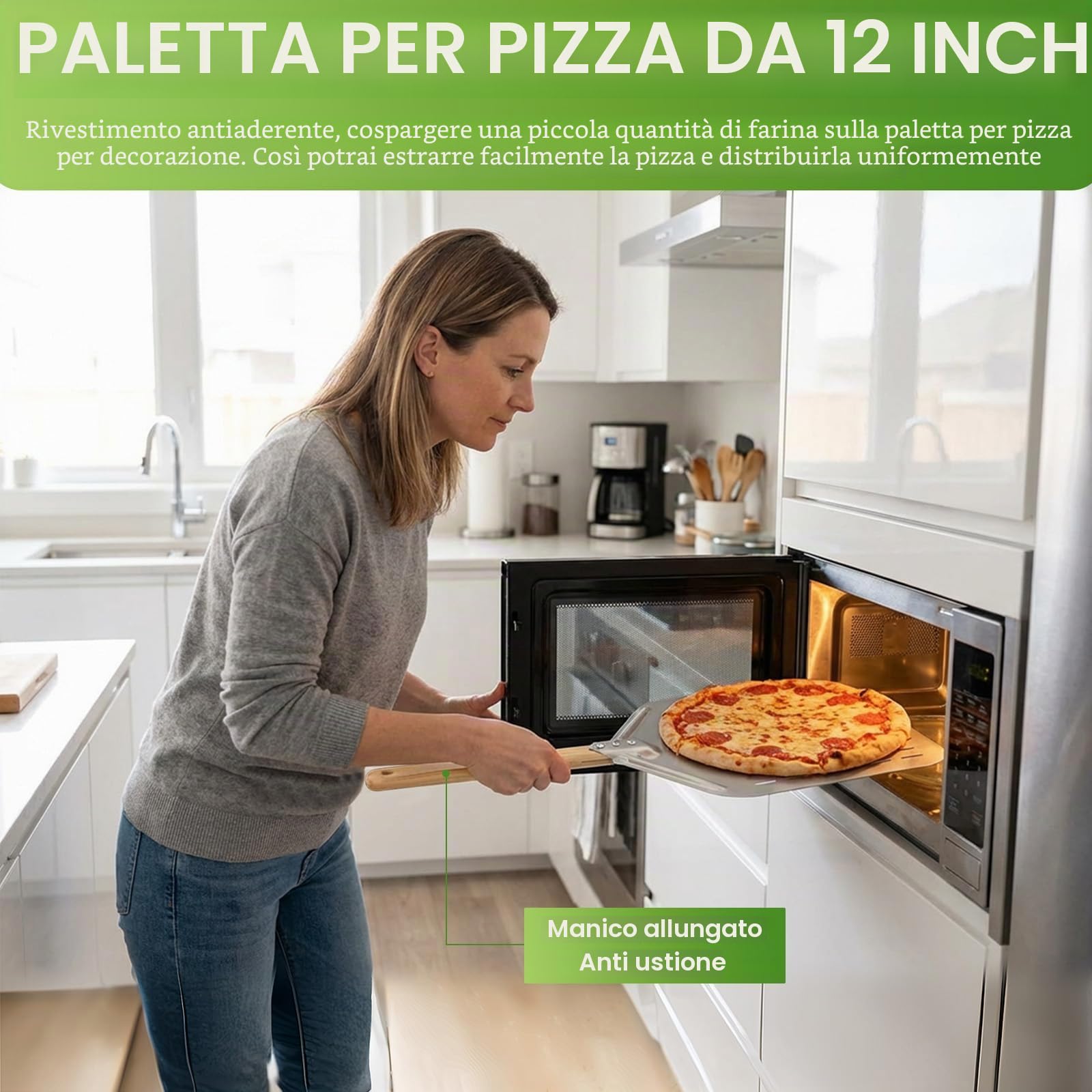 Pala per Pizza 12 Pollici, Pala per Pizza Forata in Alluminio con Manico in Legno Rimovibile, per Barbecue a Gas, Barbecue e Forno, per Riporre Facilmente La Pizza Grande (40 x 30 cm)