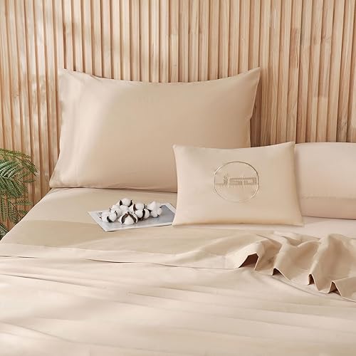 JSD Juego de sábanas 100% algodón tamaño King, sábanas de satén beige de 300 hilos altos, sábanas suaves y transpirables con bolsillo profundo