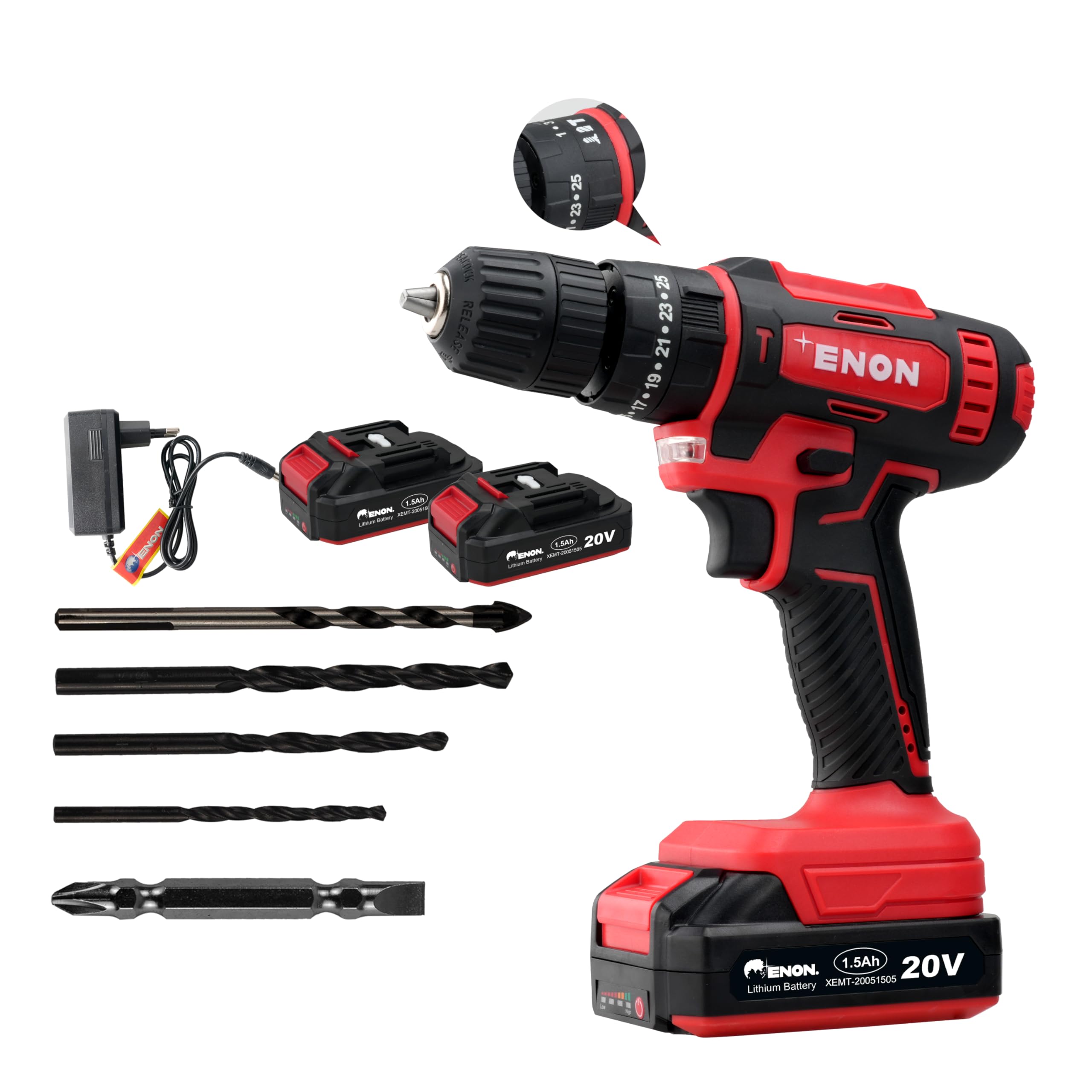 Enon Cordless Impact Drill/Driver for Home Use, 20V, 1500Rpm, Keyless Chuck 10mm, 25 Level Torque, 2 Speed Modes, 3 Setting Modes, 2 x 1500mAh Batteries, 6 Months Warranty (XE-CD2010)-picture-11