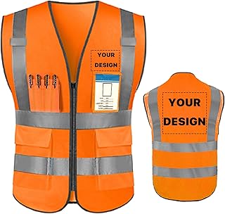 YOWESHOP High Reflective Visibility Safety Vest Custom Your Logo Safety Workwear with Reflective Strips and Pocketsï¼ŒOrange M