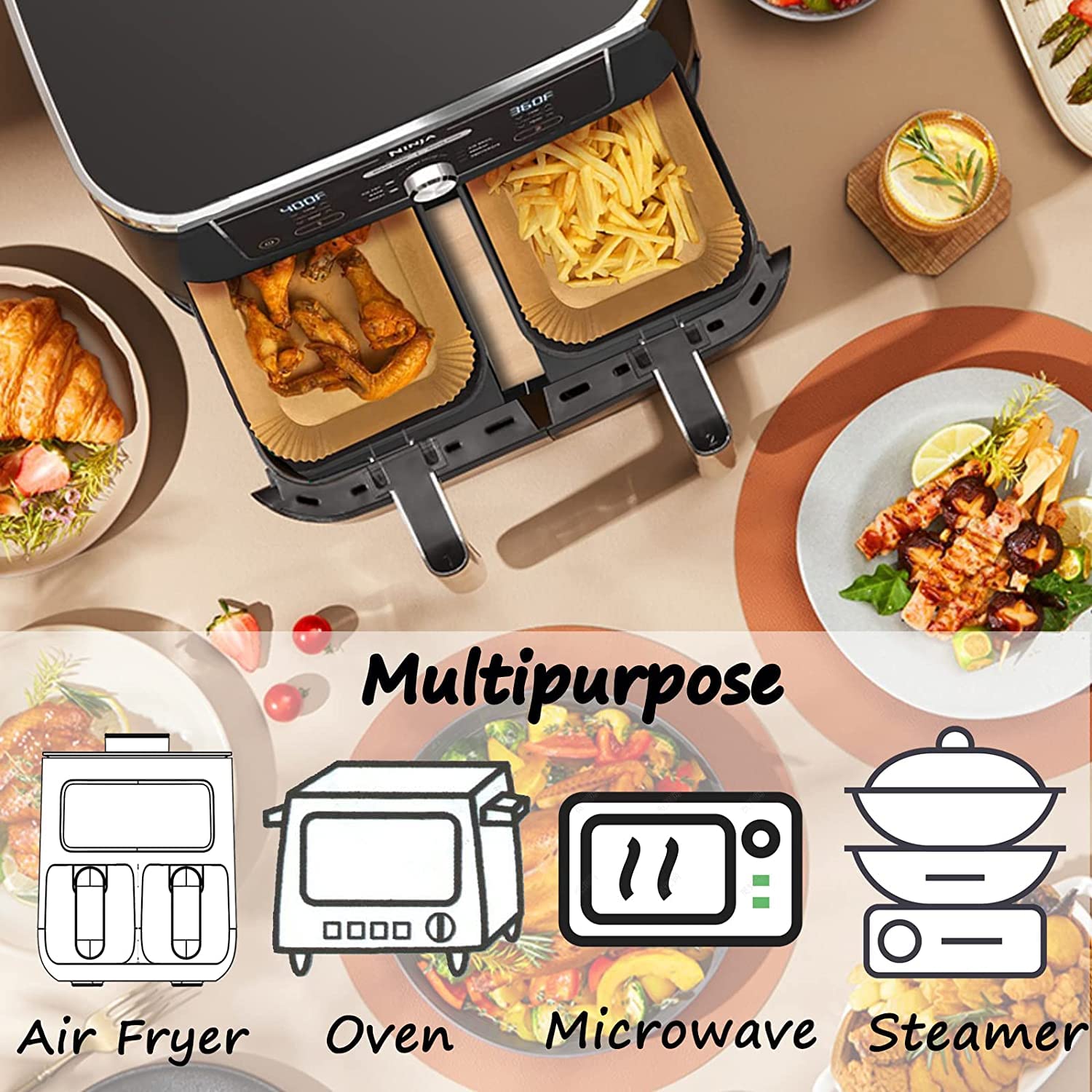 Fogli Carta Forno Rettangolari per Friggitrice ad Aria Doppio Cestello 20,5x14cm 100 Pezzi Compatibili Ninja Dual Zone