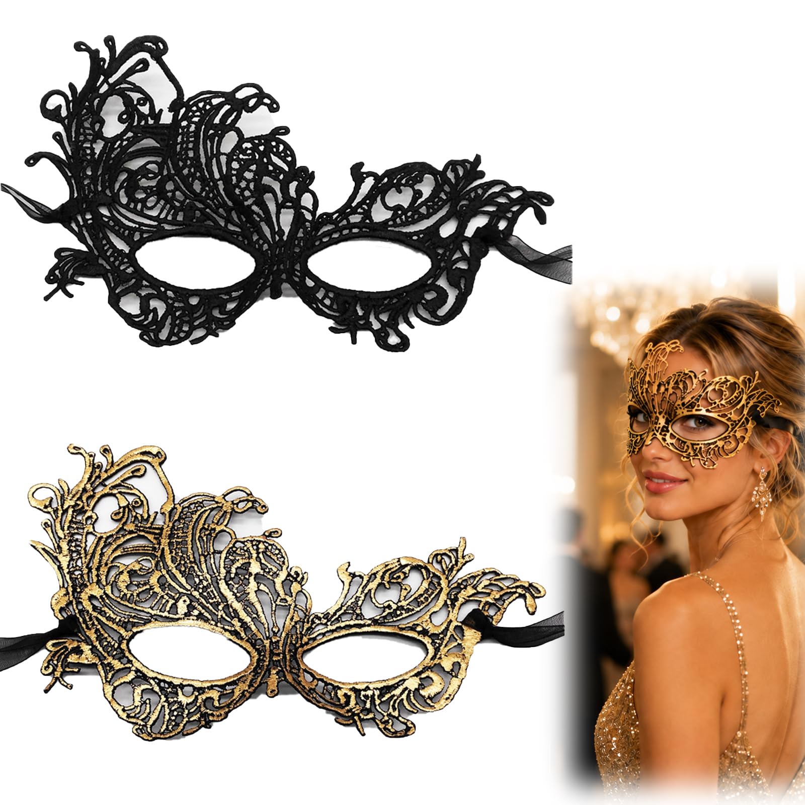 2-Pack Masquerade Mask, Lace Venetian, Black & Gold, Adjustable, Adult โ image 1