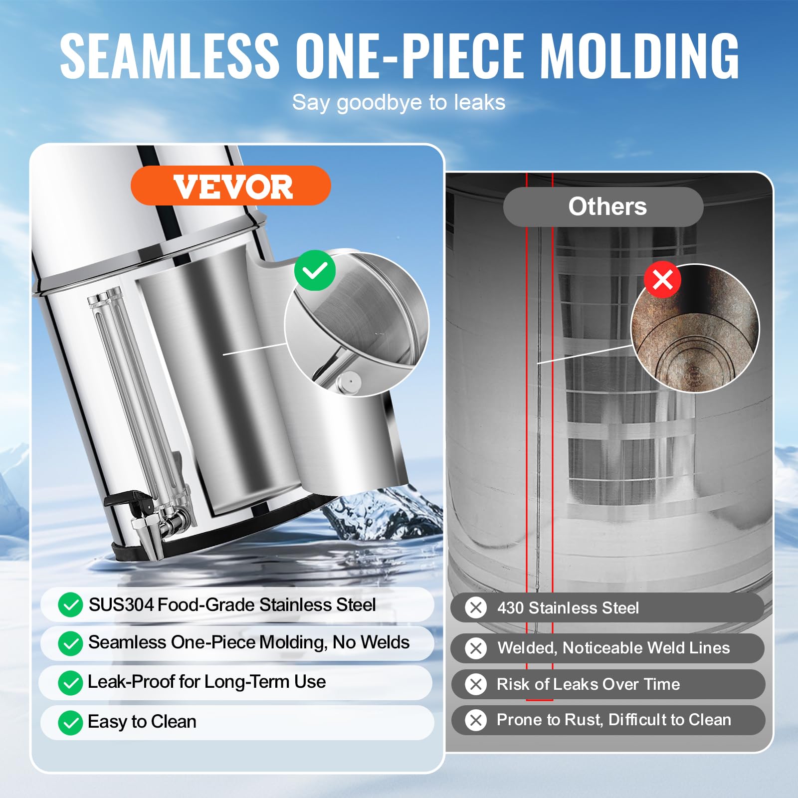 VEVOR Sistema de Filtración de Agua por Gravedad 8,5L Sistema de Encimera Acero Inoxidable Reduce Plomo y hasta 99% de Cloro con Filtros de Carbón y Cerámica Grifo Nivel de Agua Visible para Camping